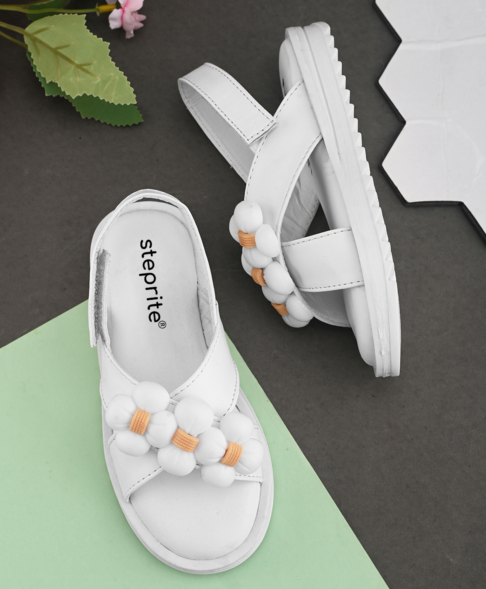 Steprite Velcro Closure Floral Applique Detailed Sandal - White-picture-22