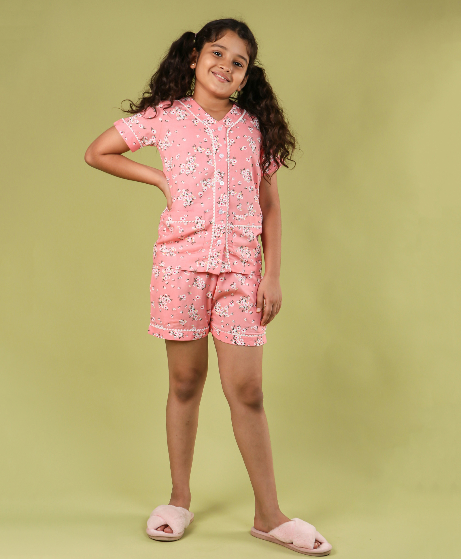 tweeny mini 100% Pure Rayon Woven Half Sleeves Floral Printed Tee & Shorts Coordinating Night Suit Set - Peach-picture-11