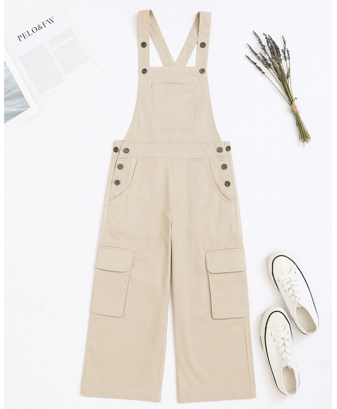 tweeny mini 100% Pure Cotton Woven Sleeveless Solid Dungaree - Beige-picture-14