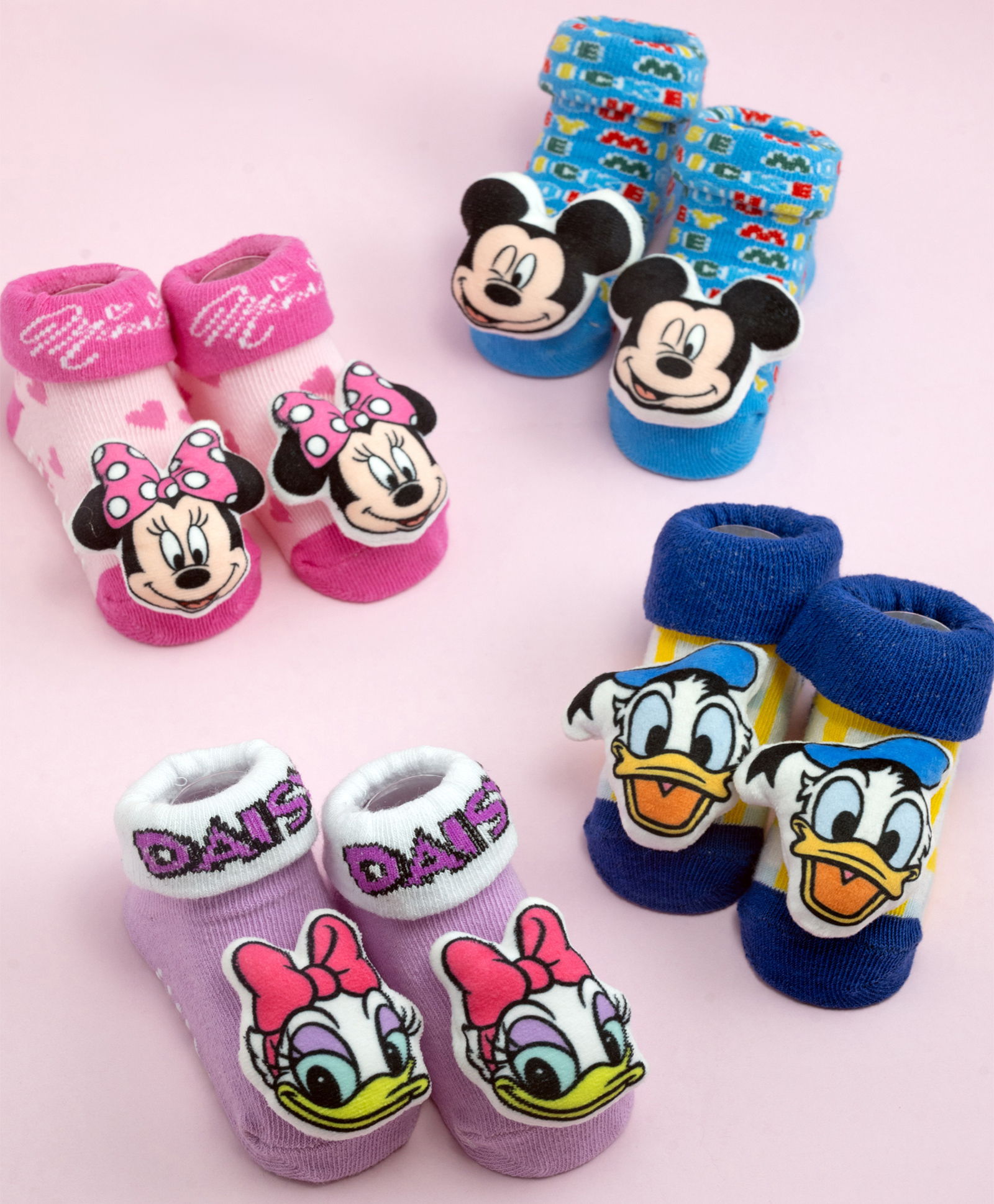 Yellow Bee Disney Pack Of 4 Cotton Mickey, Minnie, Donald & Daisy Duck Applique Detailed 3D Socks - Multi Color-picture-41
