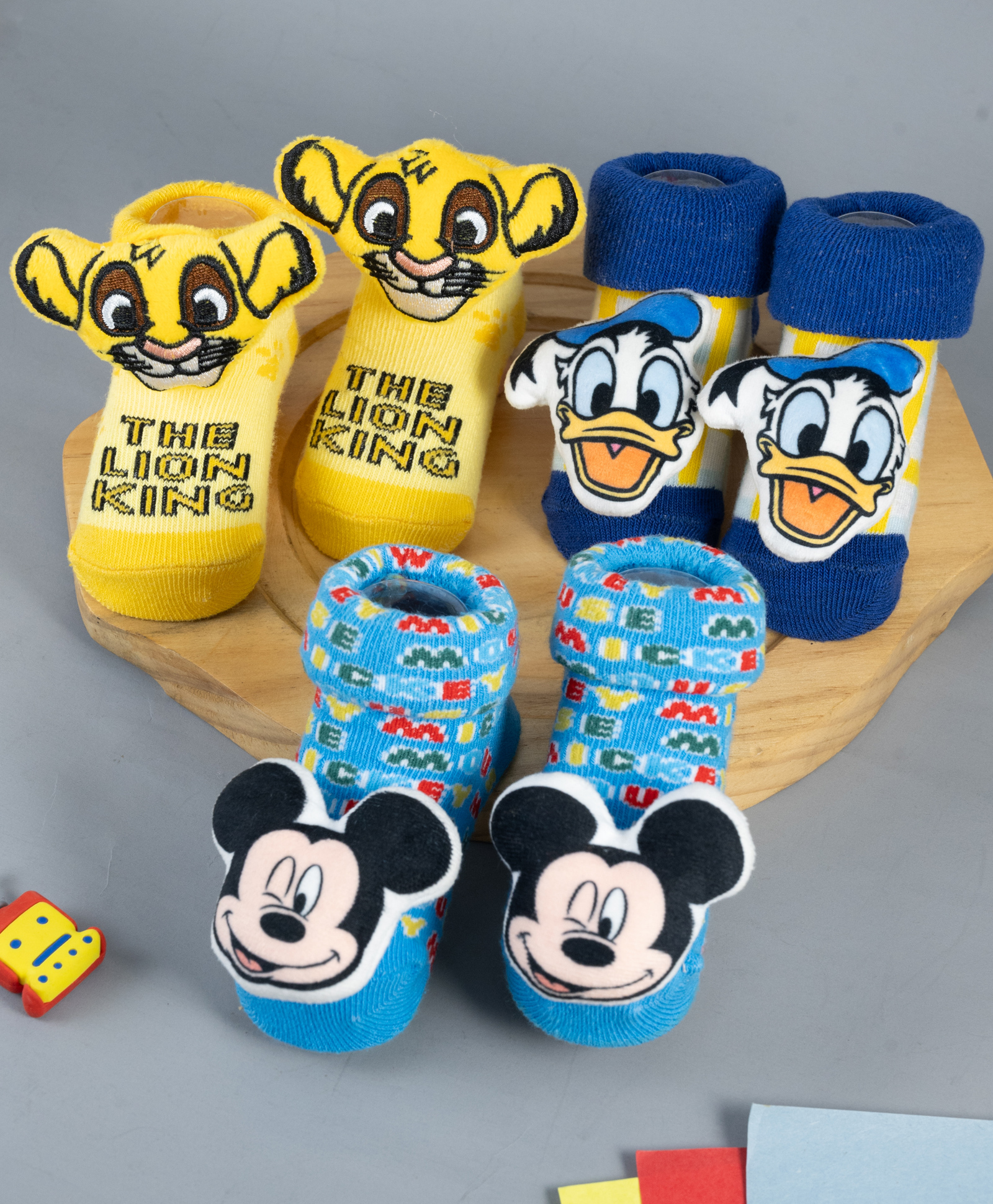 Yellow Bee Disney Pack Of 3 Cotton Mickey Mouse, Donald Duck & Simba Applique Detailed 3D Socks - Multi Color-picture-26