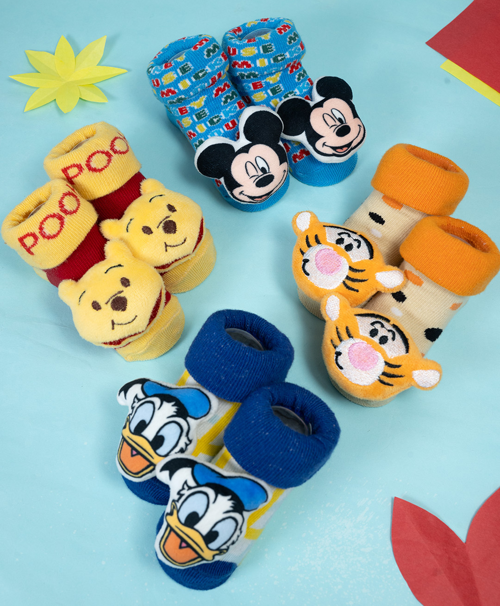 Yellow Bee Disney Pack of 4 Cotton Mickey Mouse, Donald Duck, Tigger & Winnie the Pooh 3 Applique Detailed 3D Socks - Multi Color-image-25