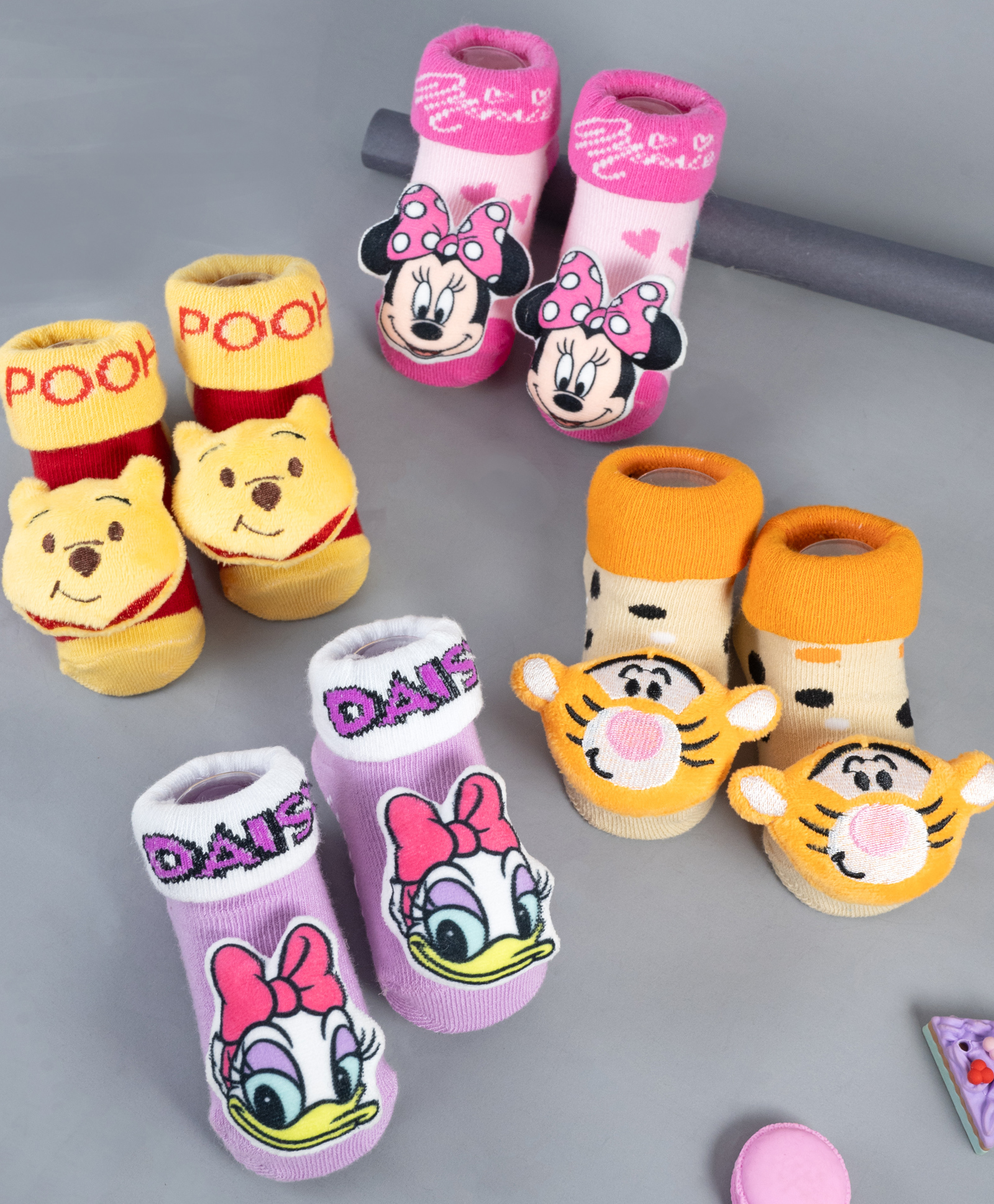 Yellow Bee Disney Pack of 4 Cotton Tigger, Winnie the Pooh, Minnie & Daisy Duck Applique Detailed 3D Socks - Multi Color-picture-22
