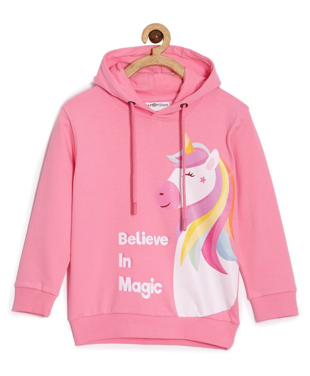 The Mom Store Cotton Blend Knit Full Sleeves Believe In Magic Text Printed Hooded Light Winter Sweatshirt - Pink-picture-49