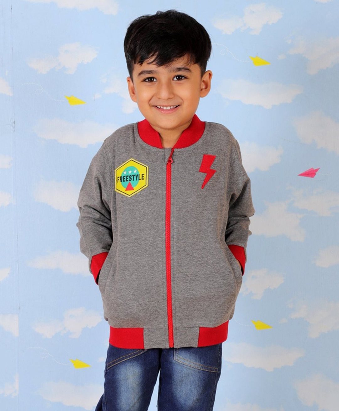 The Mom Store Cotton Blend Knit Full Sleeves Thunderbolt Printed Light Winter Bomber Jacket - Grey-picture-21