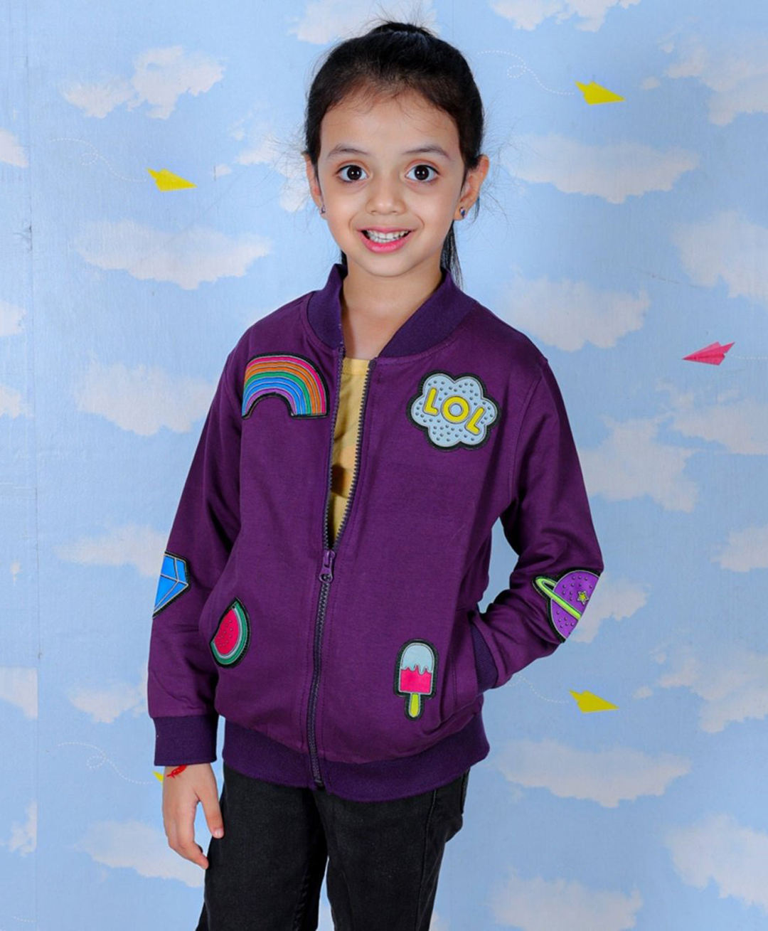 The Mom Store Cotton Blend Knit Full Sleeves Rainbow & Ice Cream Patch Detailed Light Winter Bomber Jacket - Purple-picture-20