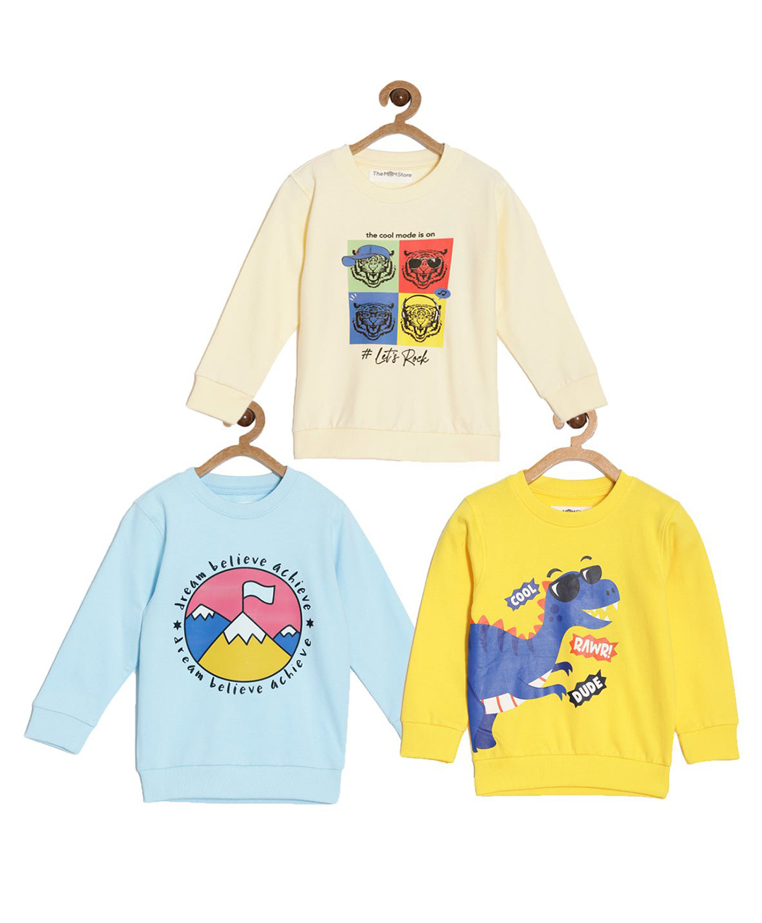The Mom Store Cotton Blend Knit Pack Of 3 Full Sleeves Dinosaur & Typography Printed Light Winter Sweatshirts - Multi Colour-picture-20