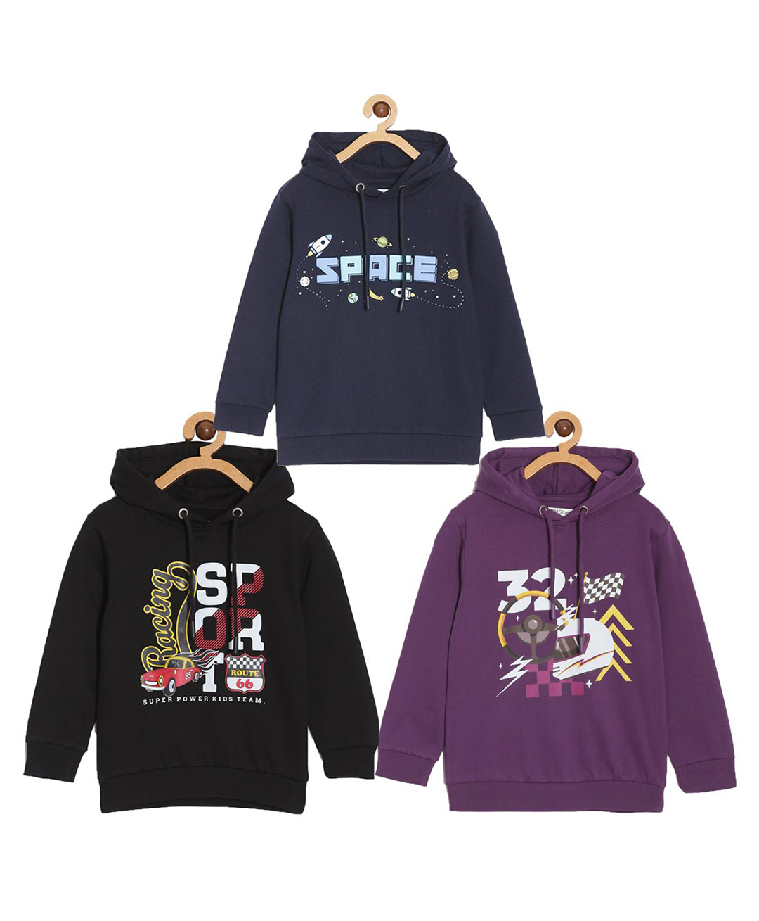 The Mom Store Cotton Blend Knit Pack Of 3 Full Sleeves Space Theme & Typography Printed Hooded Light Winter Sweatshirts - Black Navy Blue & Purple-image-39