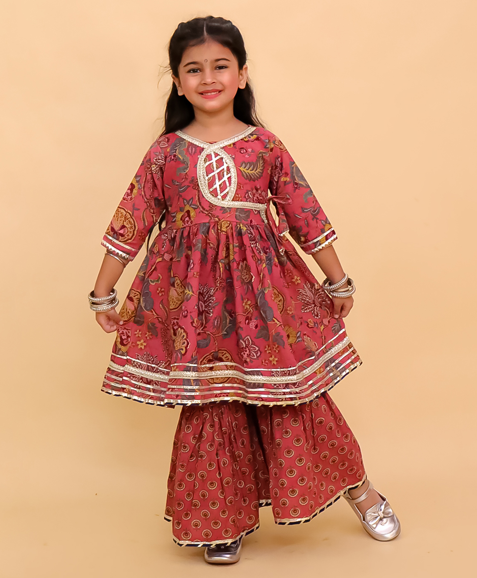 The Mom Store Cotton Knit Three Fourth Sleeves Floral Printed Gota Lace Embellished Kurti Sharara Set - Multi Colour-image-25