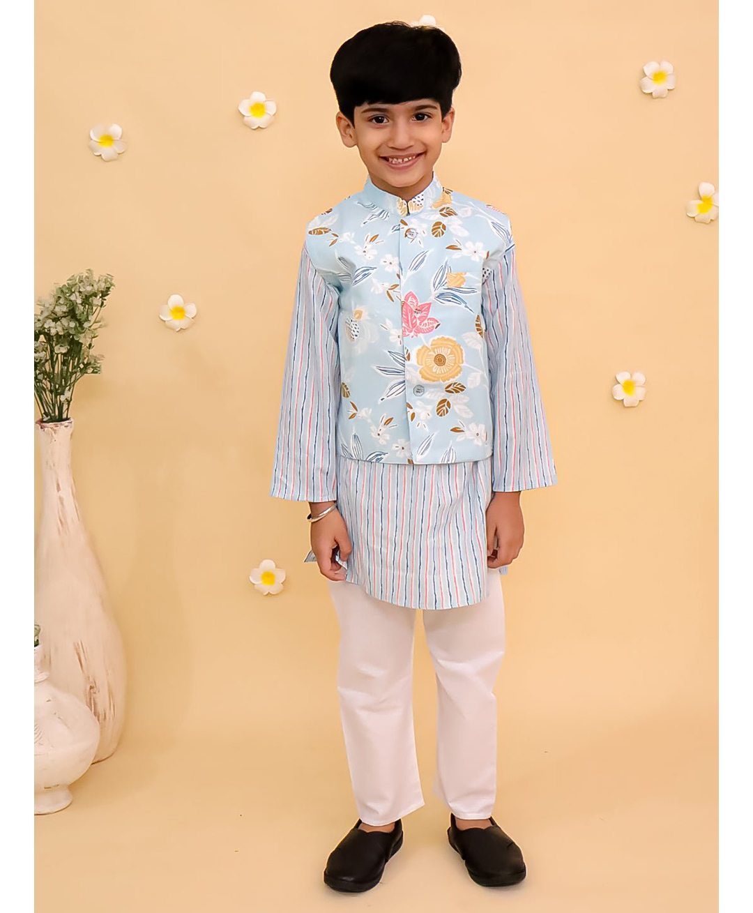 The Mom Store Cotton Knit Full Sleeves Striped Kurta Pyjama With Floral Printed Jacket Set - Multi Colour-image-41
