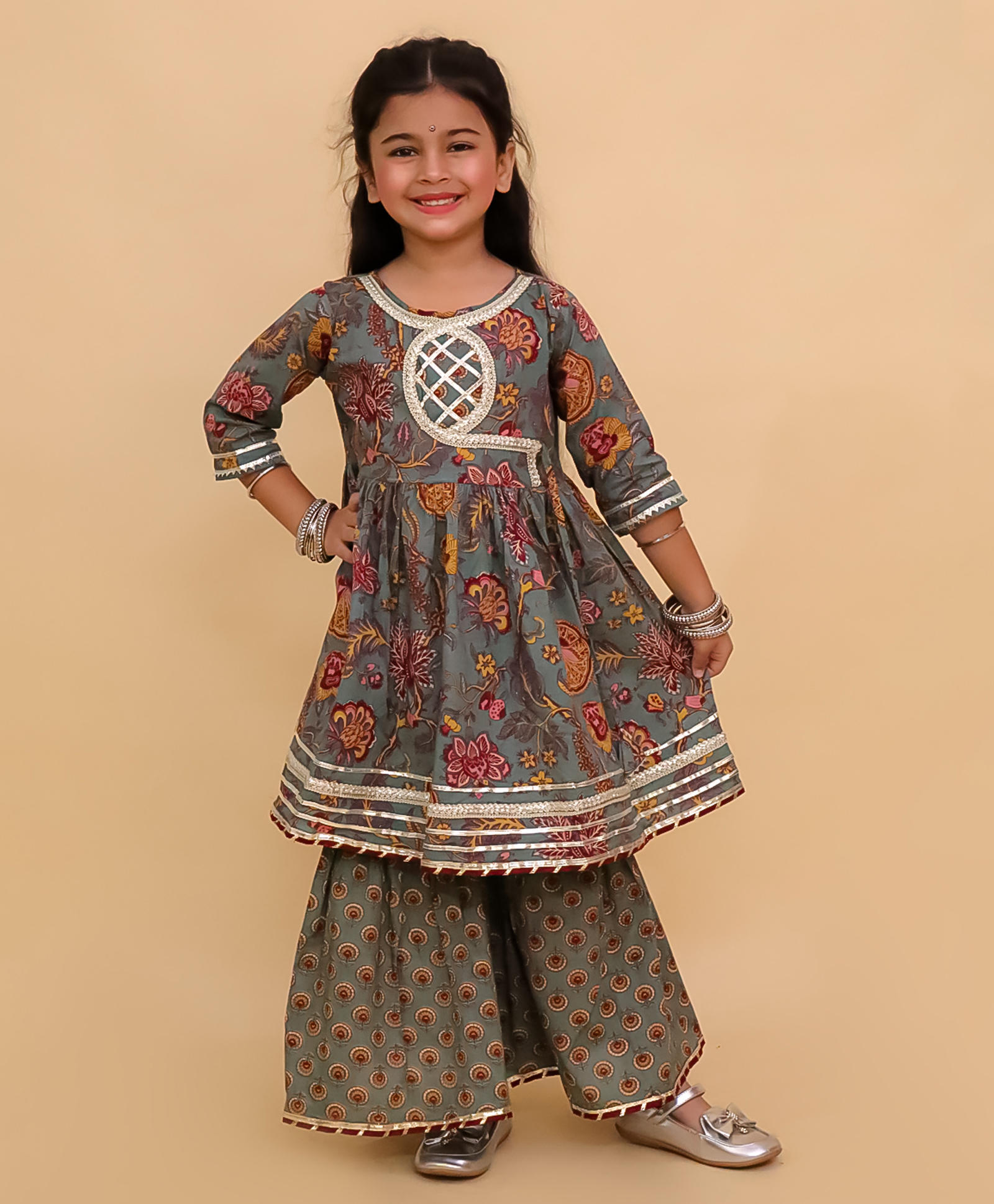 The Mom Store Cotton Knit Three Fourth Sleeves Floral Printed Gota Lace Embellished Anarkali & Sharara Set - Multi Colour-image-42