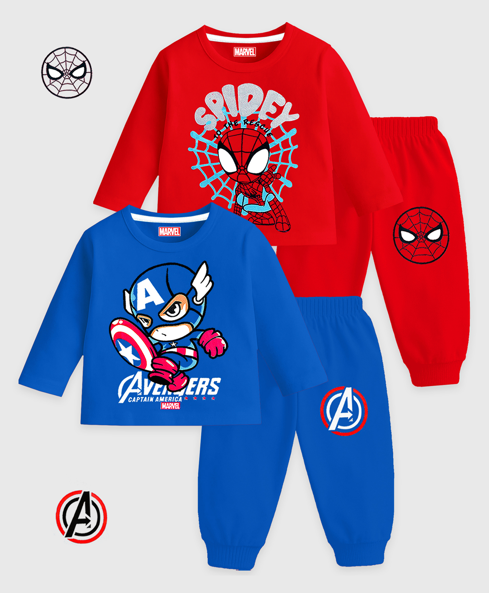 KUCHIPOO Cotton Blend Knit Pack Of 2 Full Sleeves Marvel Avengers Featuring Spiderman & Captain America Printed Tees & Joggers Set - Blue & Red-picture-25