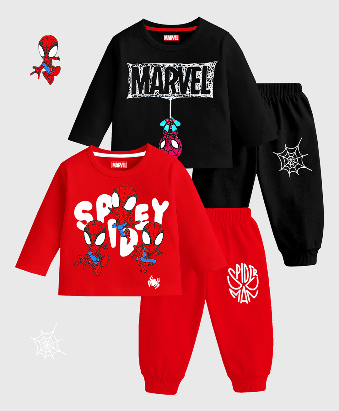 KUCHIPOO Cotton Blend Knit Pack Of 2 Full Sleeves Marvel Featuring Spiderman Character Printed Tees & Joggers Set - Red & Black-image-33