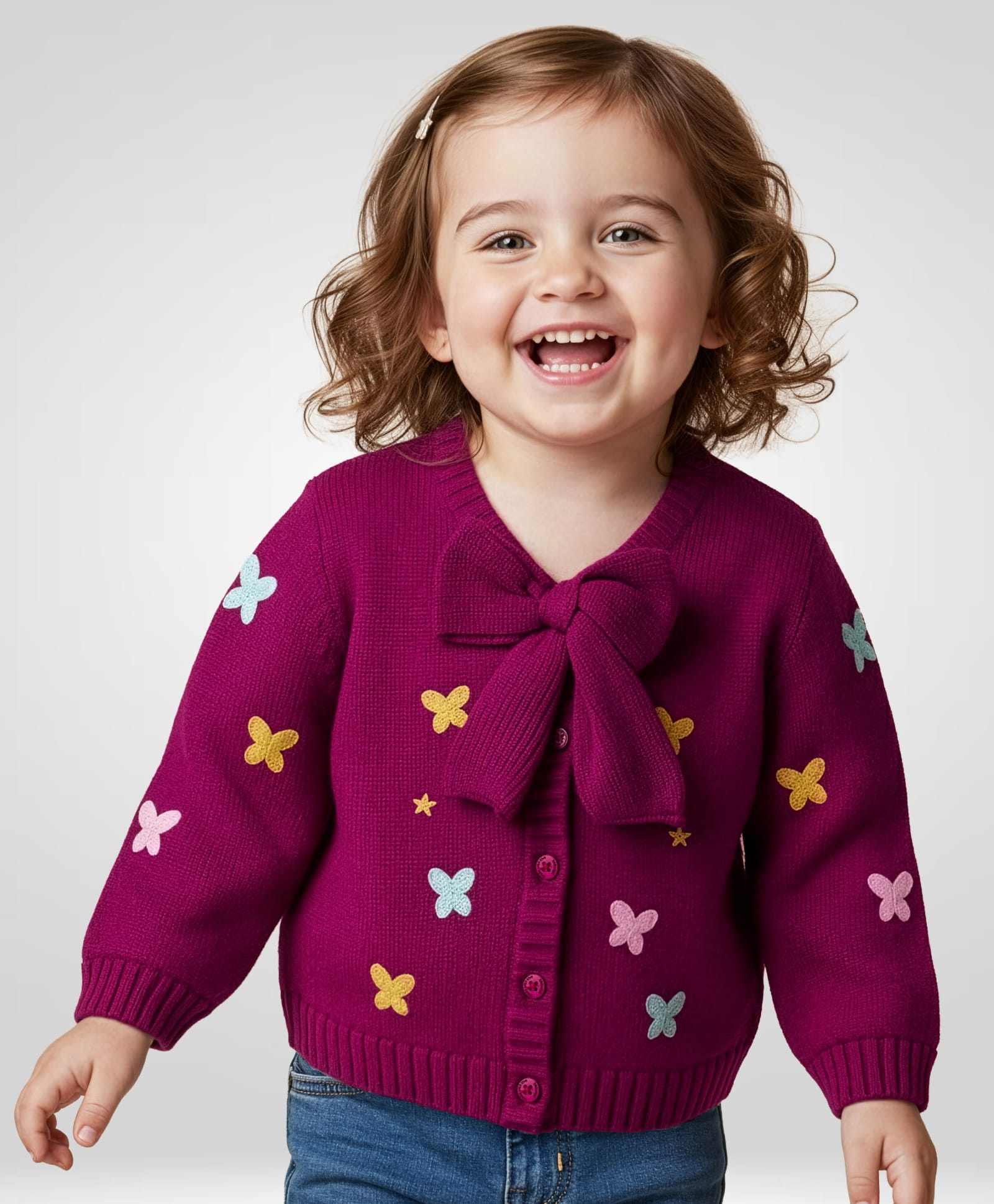 Babyoye Knit Full Sleeves Front Open Sweater With Butterfly Embroidery & Bow Applique - Wine-image-34