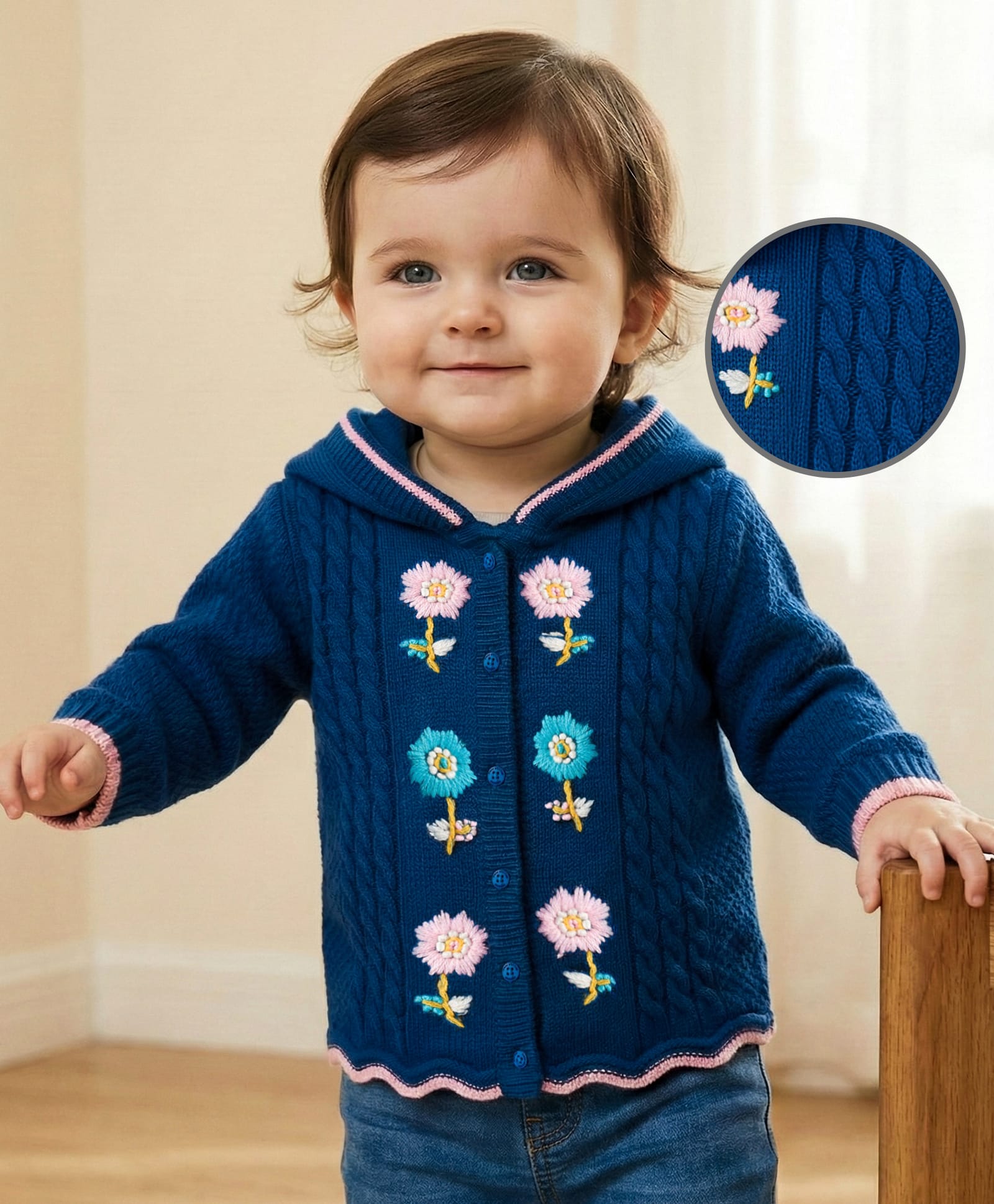 Babyoye Knitted Full Sleeves Hooded Front Open Sweater With Floral Embroidery - Navy Blue-picture-20