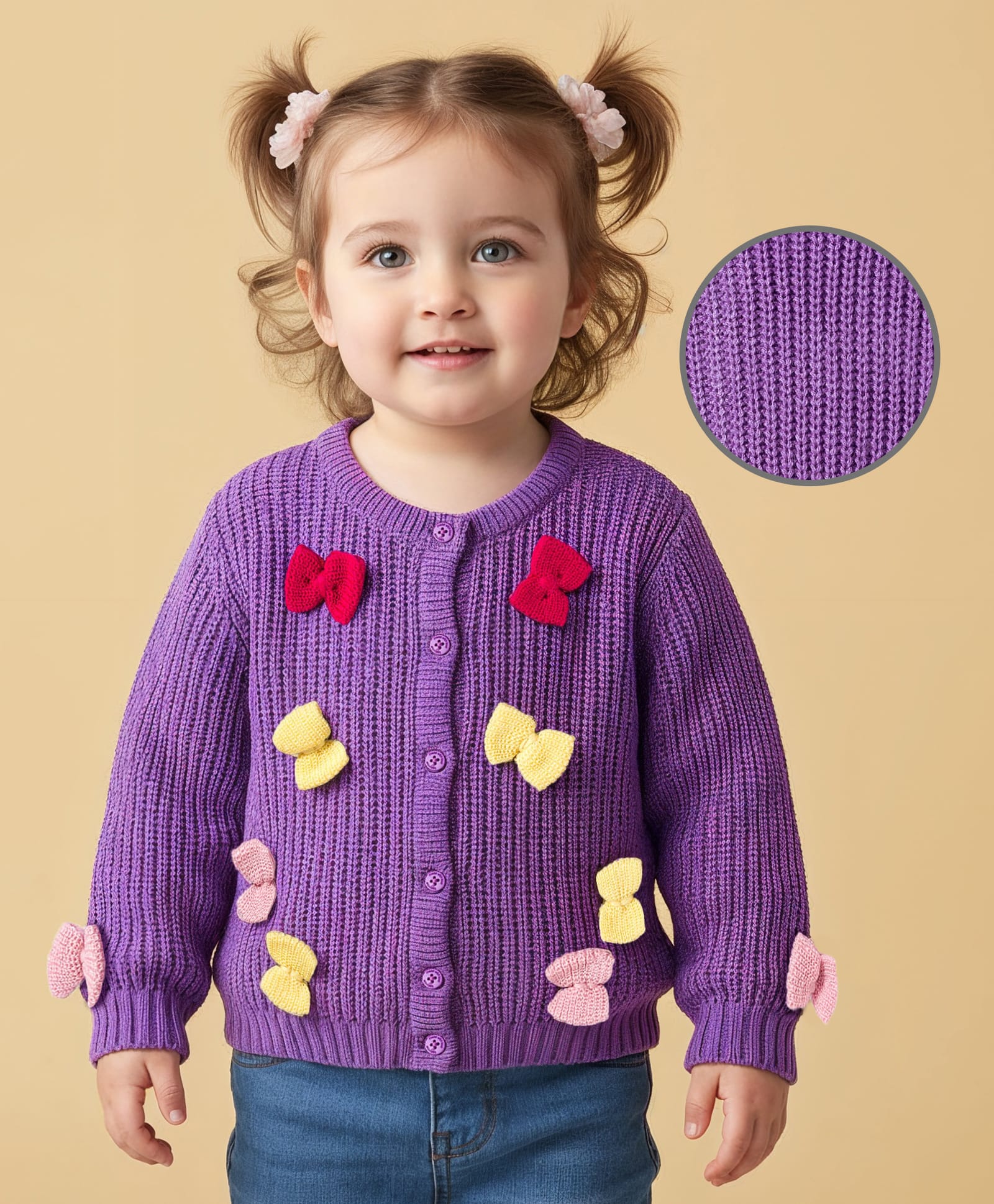 Babyoye Knit Full Sleeves Front Open Sweater with Bow Applique - Purple-picture-12