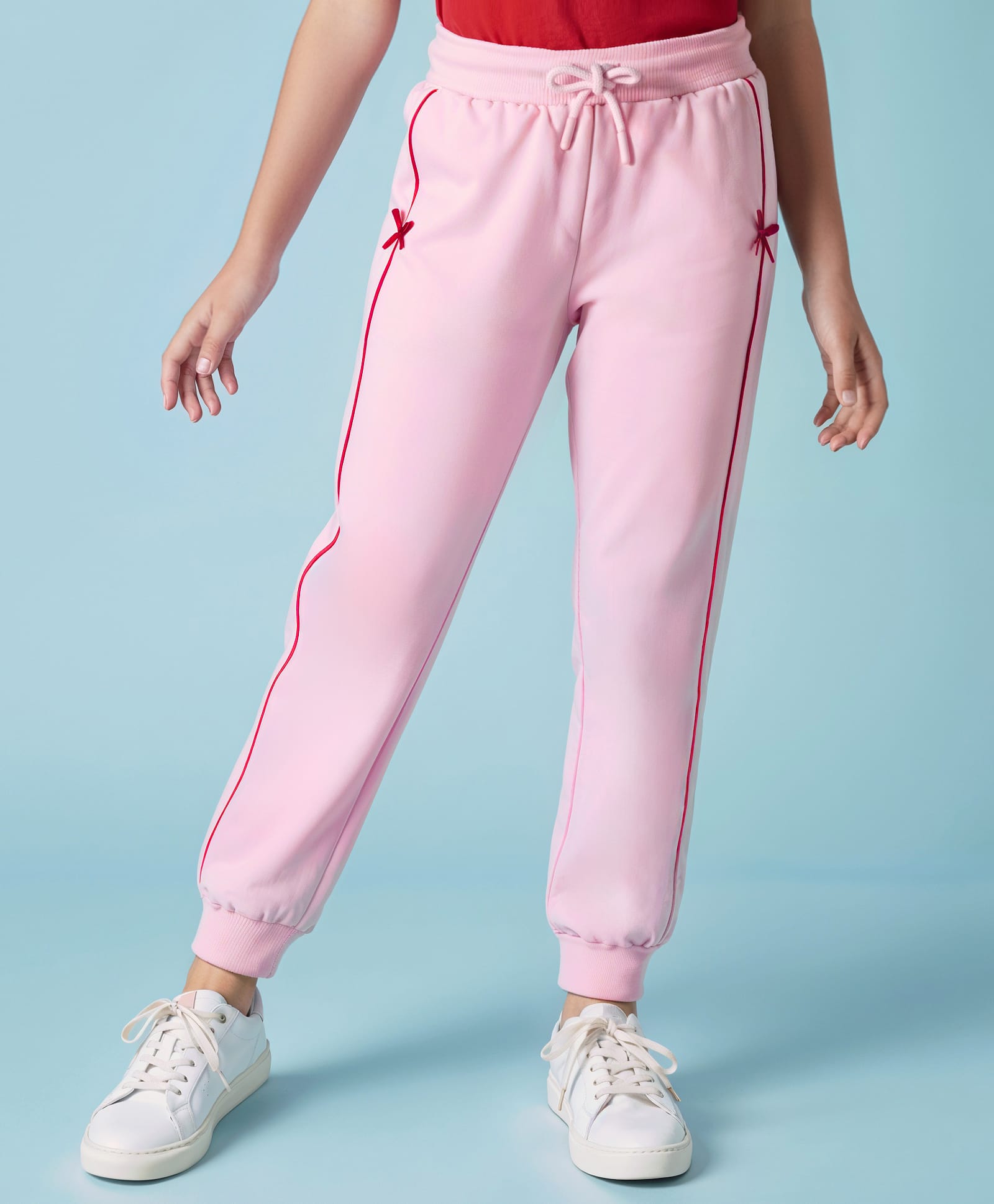 Arias Cotton 100% Knit Full Length Jogger With Bow and Piping Detailing - Pink-image-23