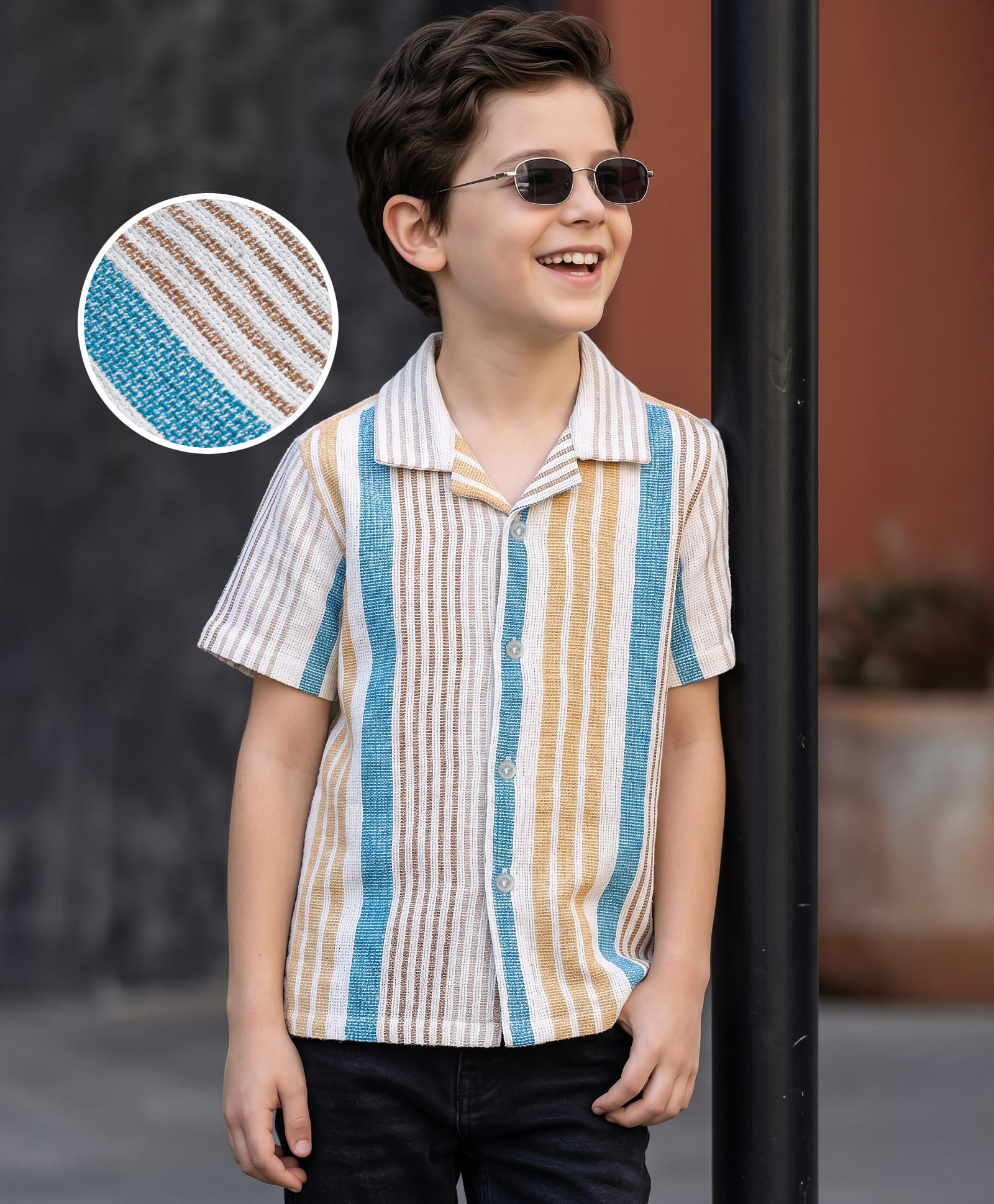 Kookie Kids Woven Half Sleeves Resort Collar Shirt with Vertical Stripes Print - White & Light Blue-image-22