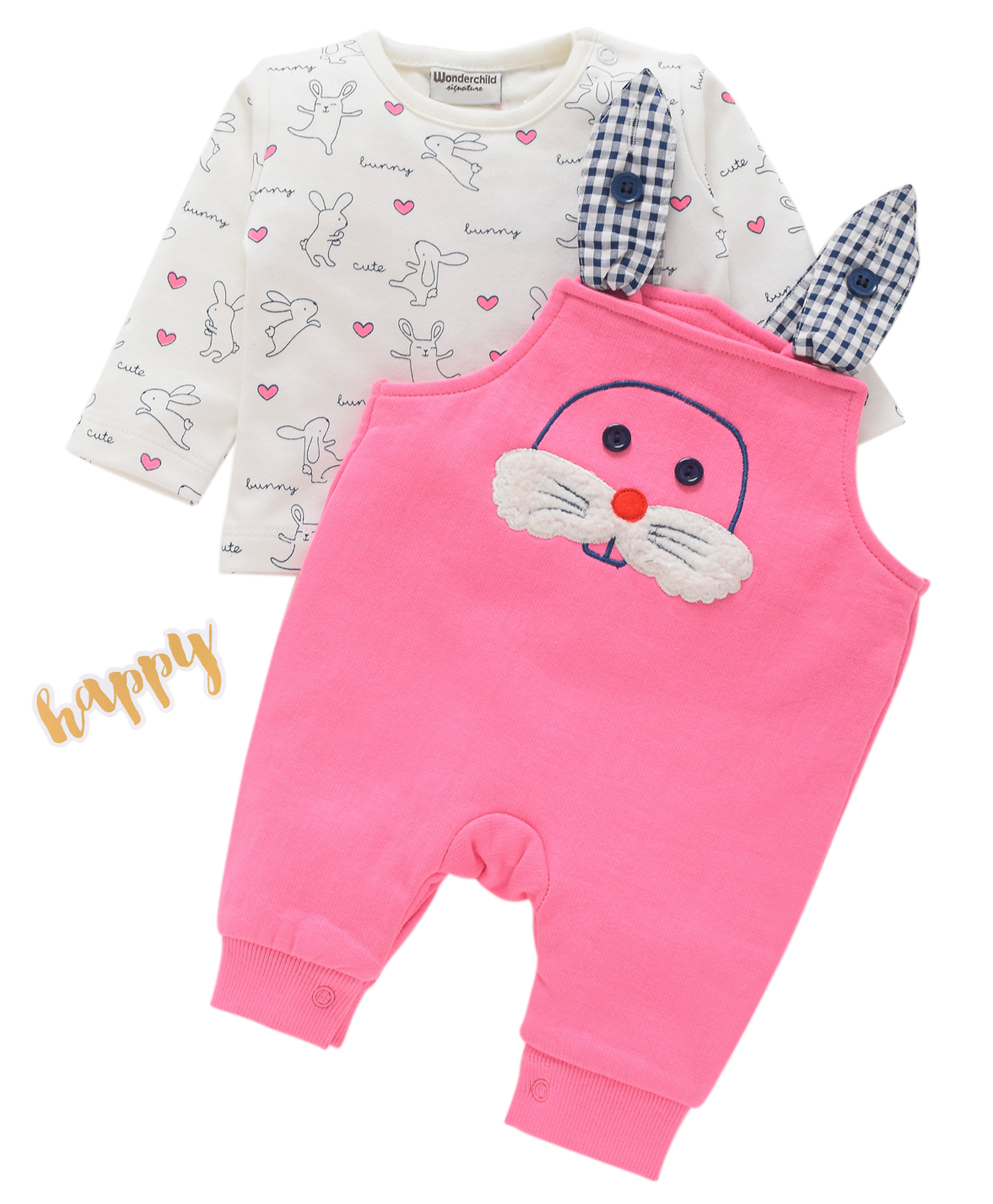 Wonderchild Bunny Embroidered Dungaree With Full Sleeves Tee Set - Pink-image-46