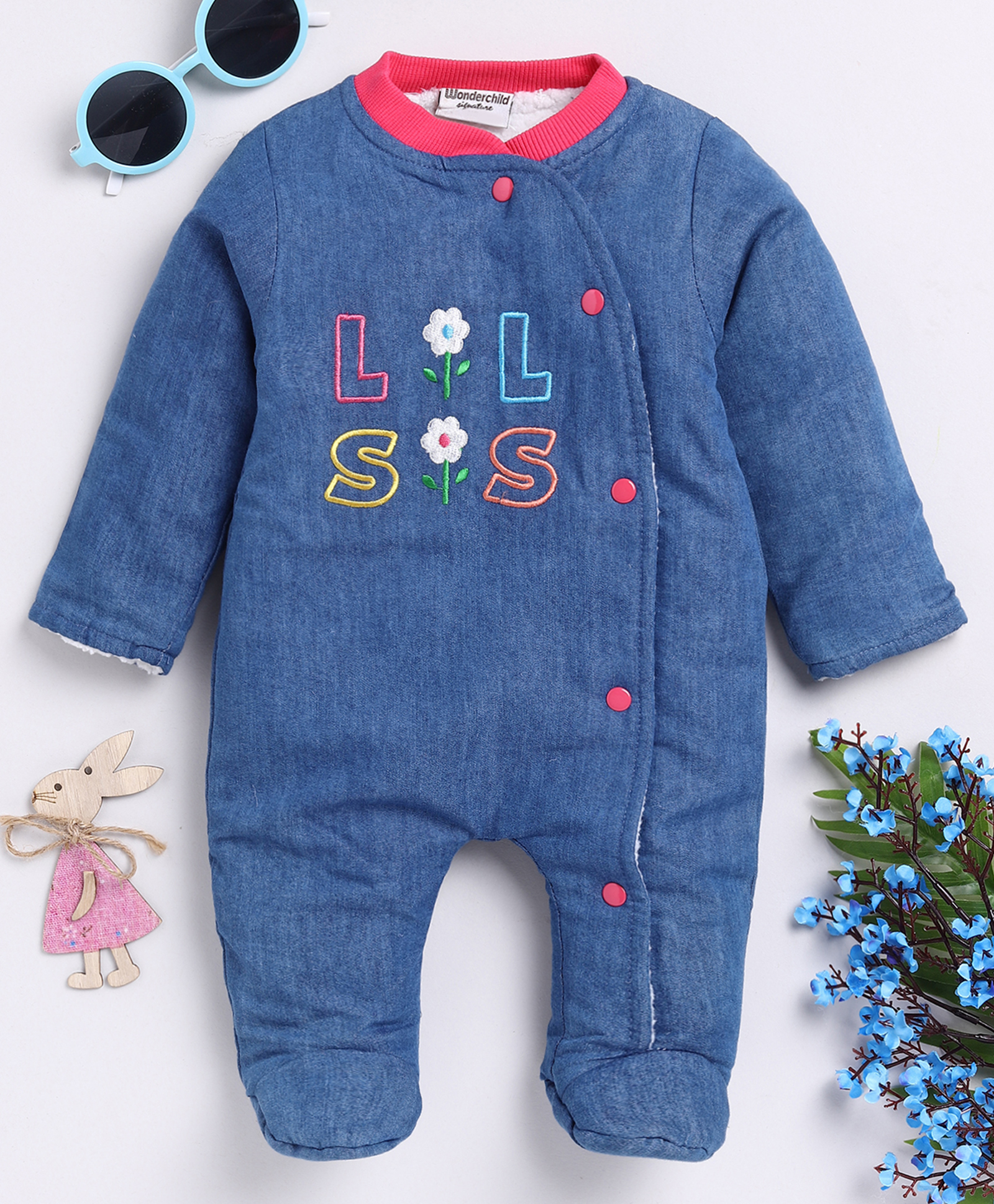 Wonderchild Full Sleeves Lil Sis Text Embroidered Sherpa Padding Detailed Sleepsuit - Denim