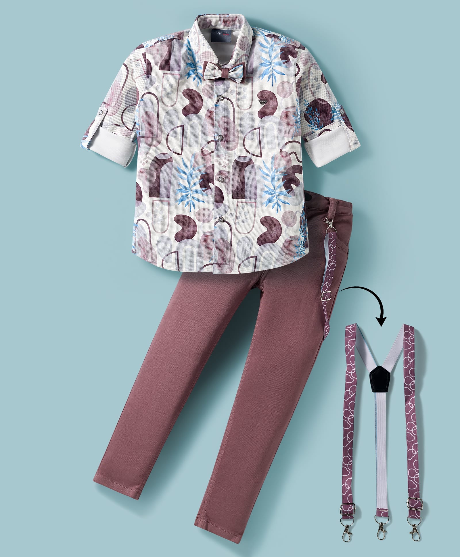 Dapper Dudes Full Sleeves Leaves Printed Shirt Pant With Suspender & Bow Set - Brown-image-18