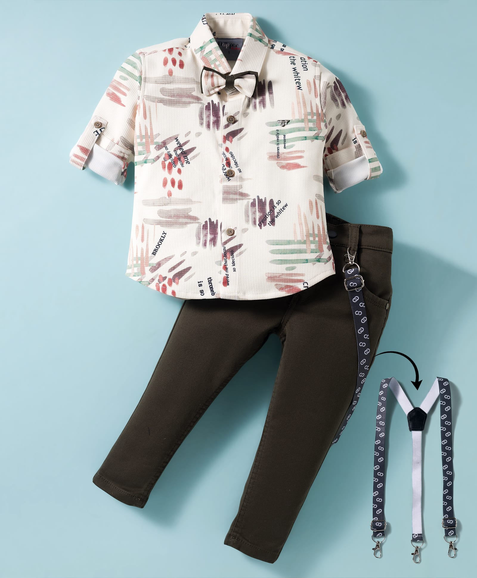 Dapper Dudes Full Sleeves Paint Stripes Printed Shirt Pant With Suspender & Bow Set - Cream-picture-21