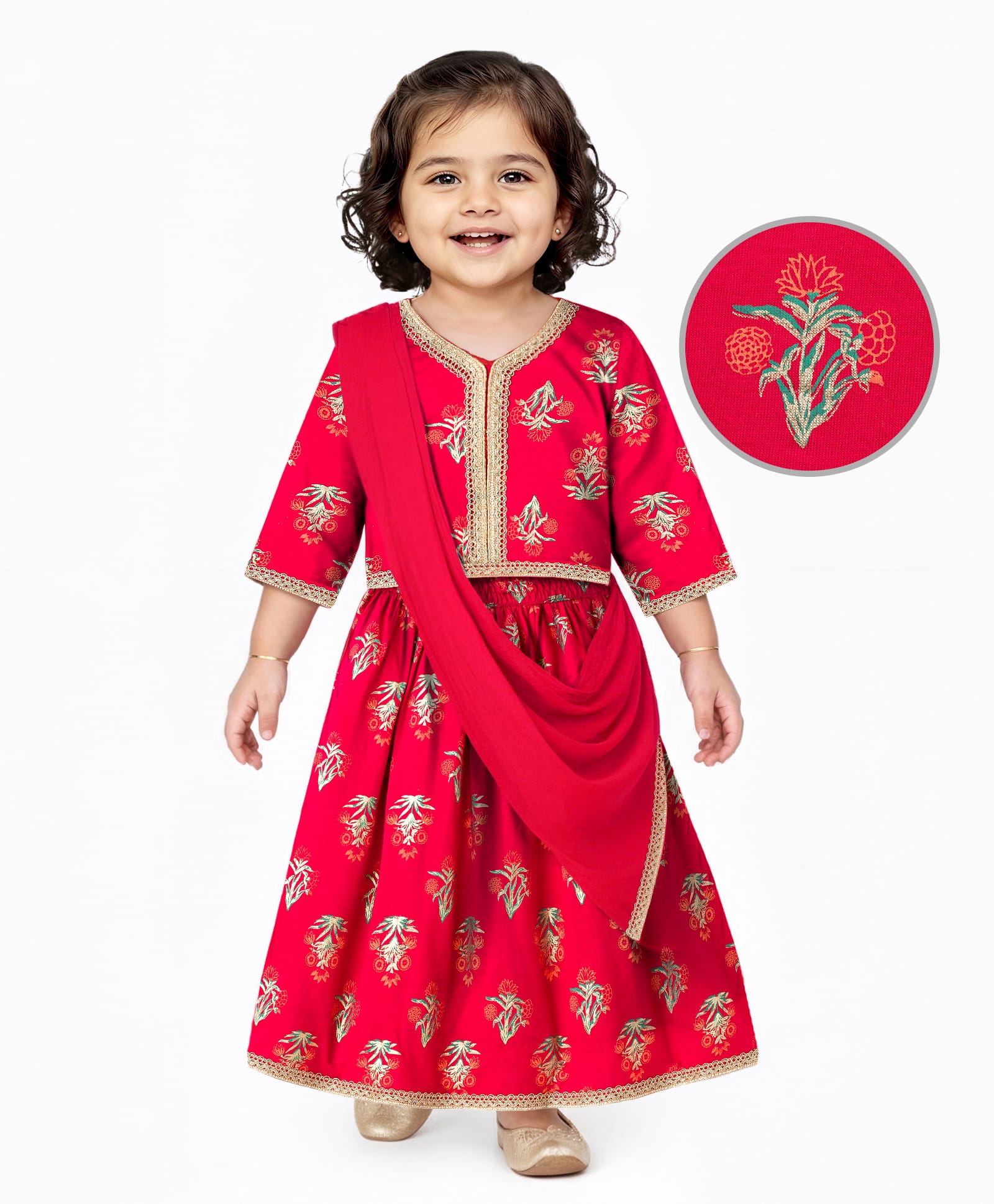 EARTHY TOUCH Single Jersey Kit Three Fourth Sleeves Choli Lehenga Set Dupatta & Floral Glitter Print - Red-picture-23