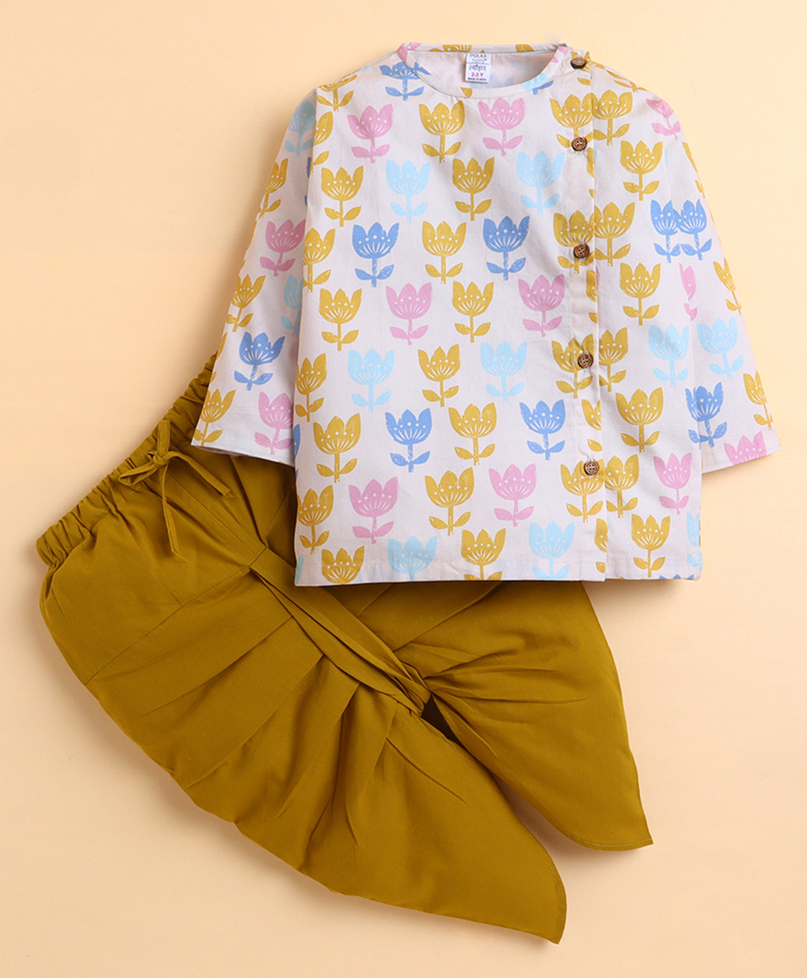 Polka Tots Cotton Woven Full Sleeves Flower Printed Kurta With Dhoti Set - Yellow-picture-34