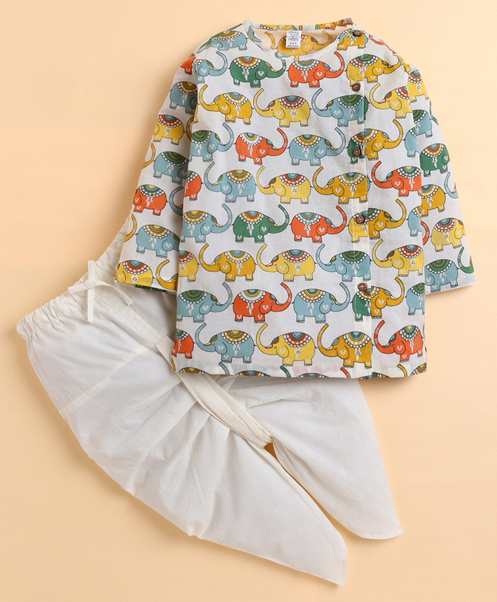 Polka Tots Cotton Woven Full Sleeves Elephants Printed Kurta With Dhoti Set - Multi Colour-picture-37