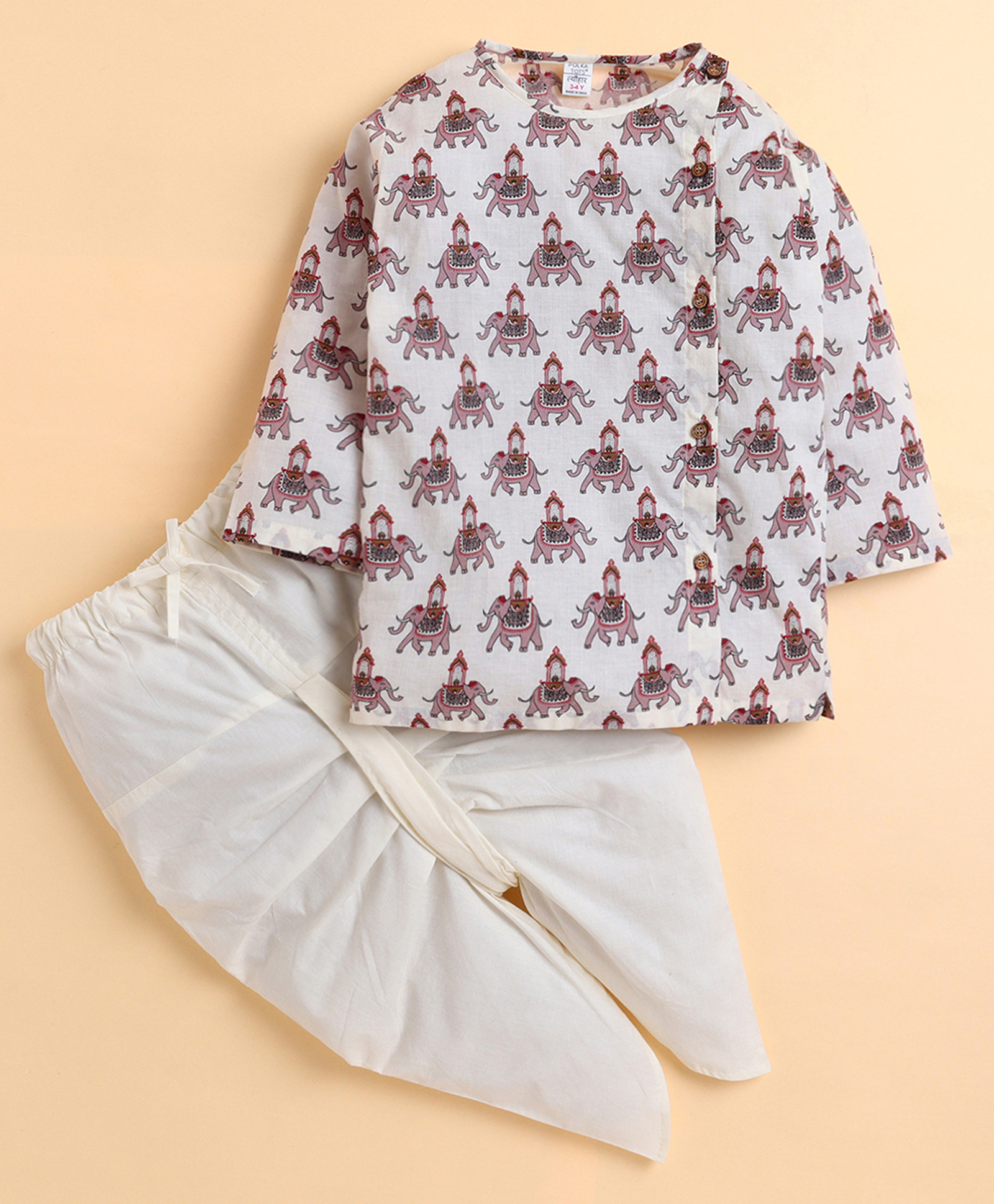 Polka Tots Cotton Woven Full Sleeves Elephants Printed Kurta Dhoti Set - Off White-picture-16