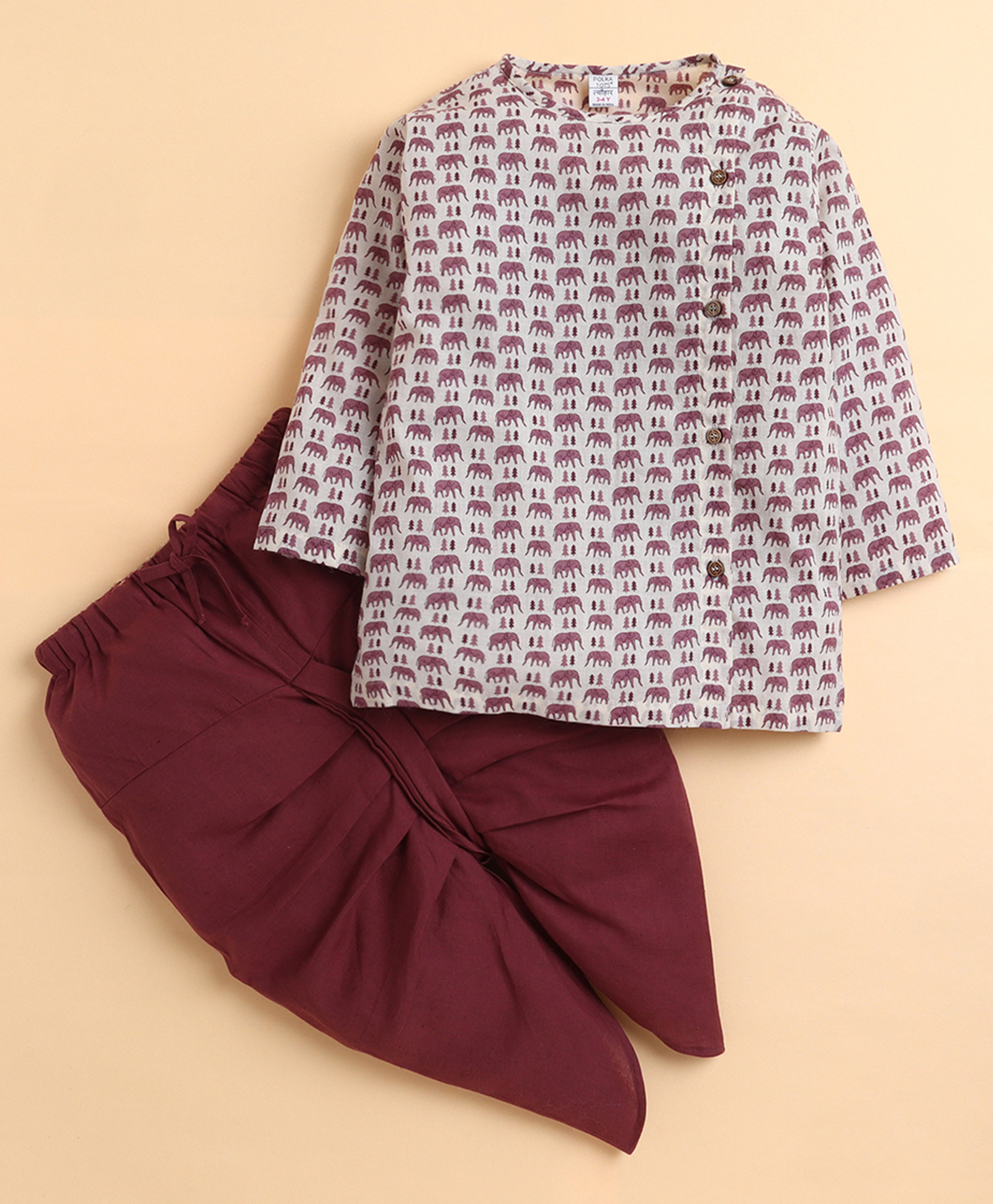 Polka Tots Cotton Woven Full Sleeves Elephants Printed Kurta With Dhoti Set - Maroon-picture-41