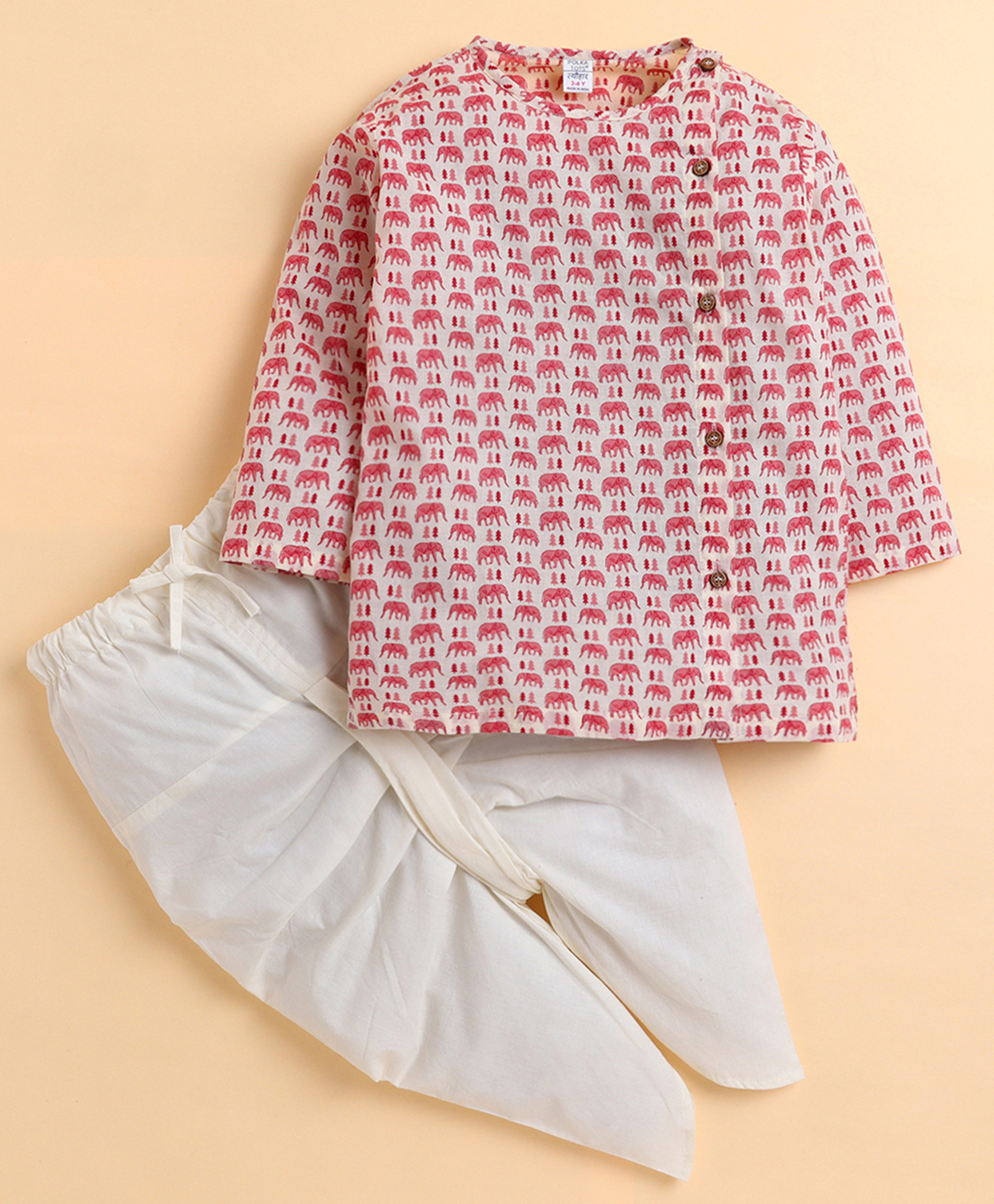 Polka Tots Cotton Woven Full Sleeves Elephants Printed Kurta With Dhoti Set - Pink-picture-19