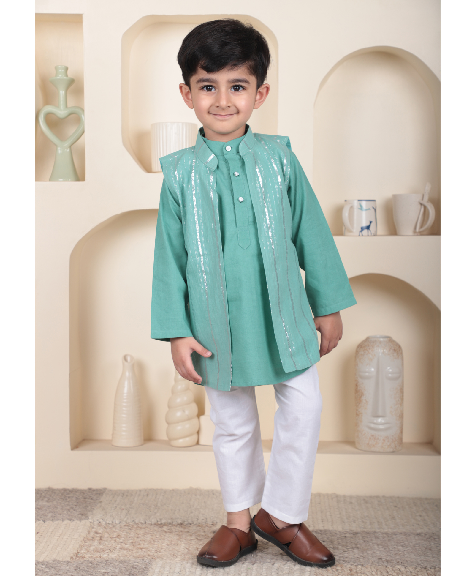 Polka Tots Cotton Woven Full Sleeves Solid Kurta Pyjama With Foil Striped Jacket Set - Aqua-picture-16