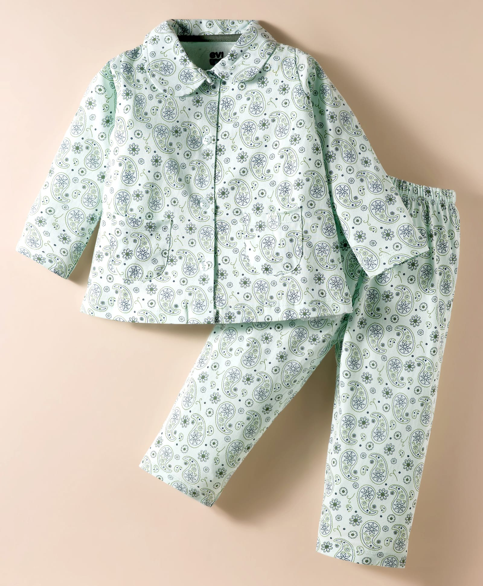 Evimo Single Jersey Full Sleeves Co-ords Night Suit With Floral Print - Light Green-picture-36