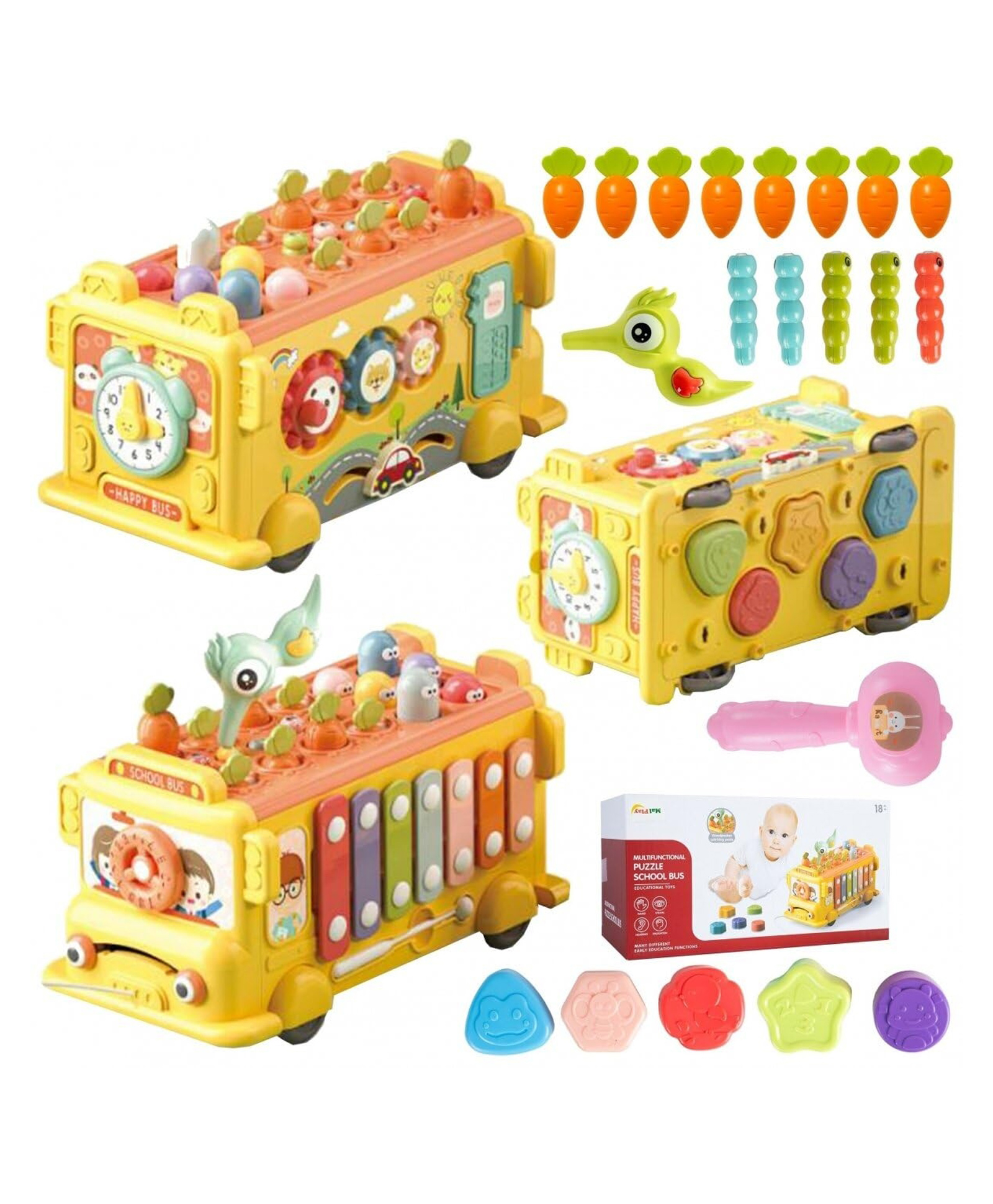 Magicwand Intelectual Montessori Musical Carrot Harvest,Fishing Shape Sorter Educational School Buswith 11 Functions with Display Box for ToddlersPack of 1 Bus Multi-Colored-image-10