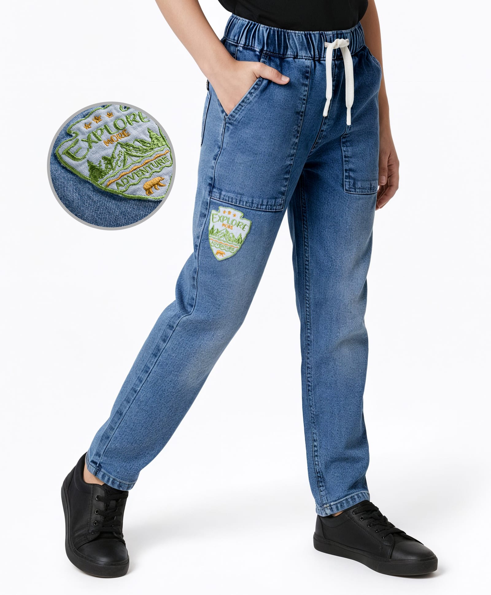 arias by lara dutta Arias Cotton Woven Full Length Washed Jeans With Badge Detailing - Blue-picture-28