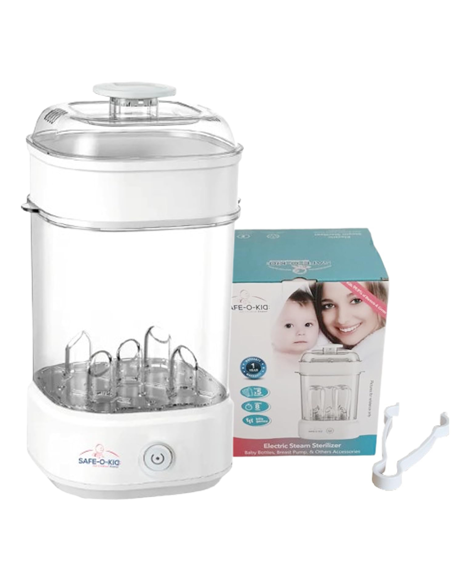 Safe-O-Kid 5 Bottles Advanced Sterilizer with 1 Year Manufacturer Warranty, Large Capacity, Steam Sterilizer for Feeding Bottles, Assessories, Breast Pumps, Teats, BPA free products, Auto Shut - White