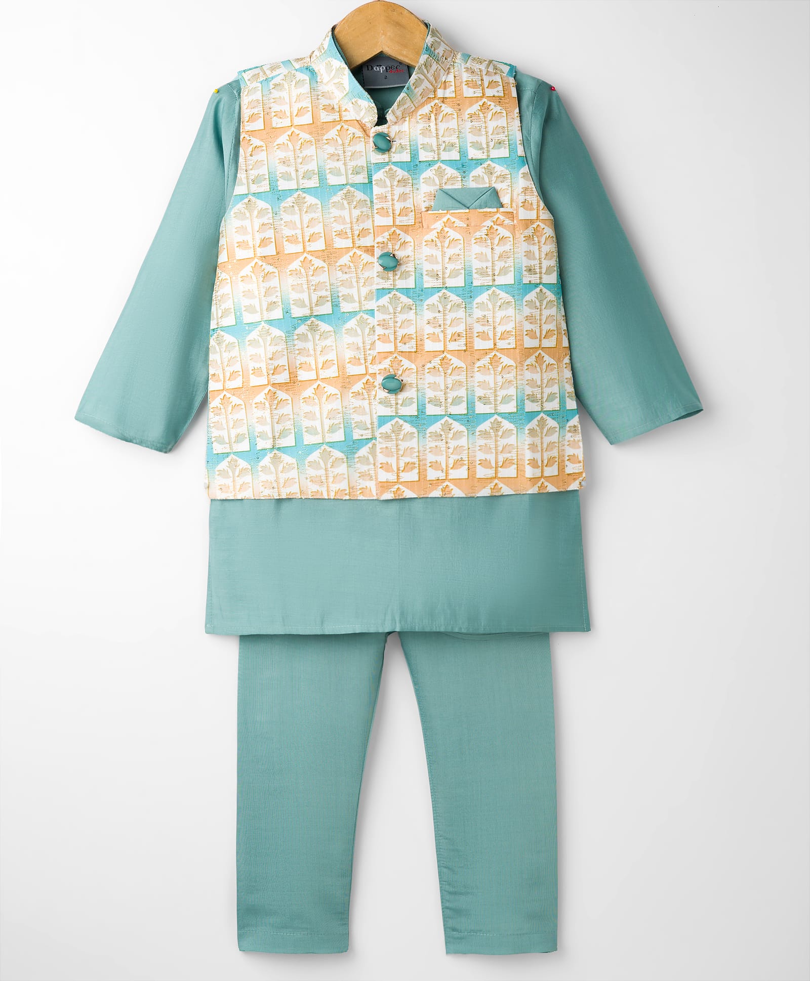 Dapper Dudes Full Sleeves Solid Kurta Pyjama With Leaves Motif Printed Jacket - Blue-picture-26