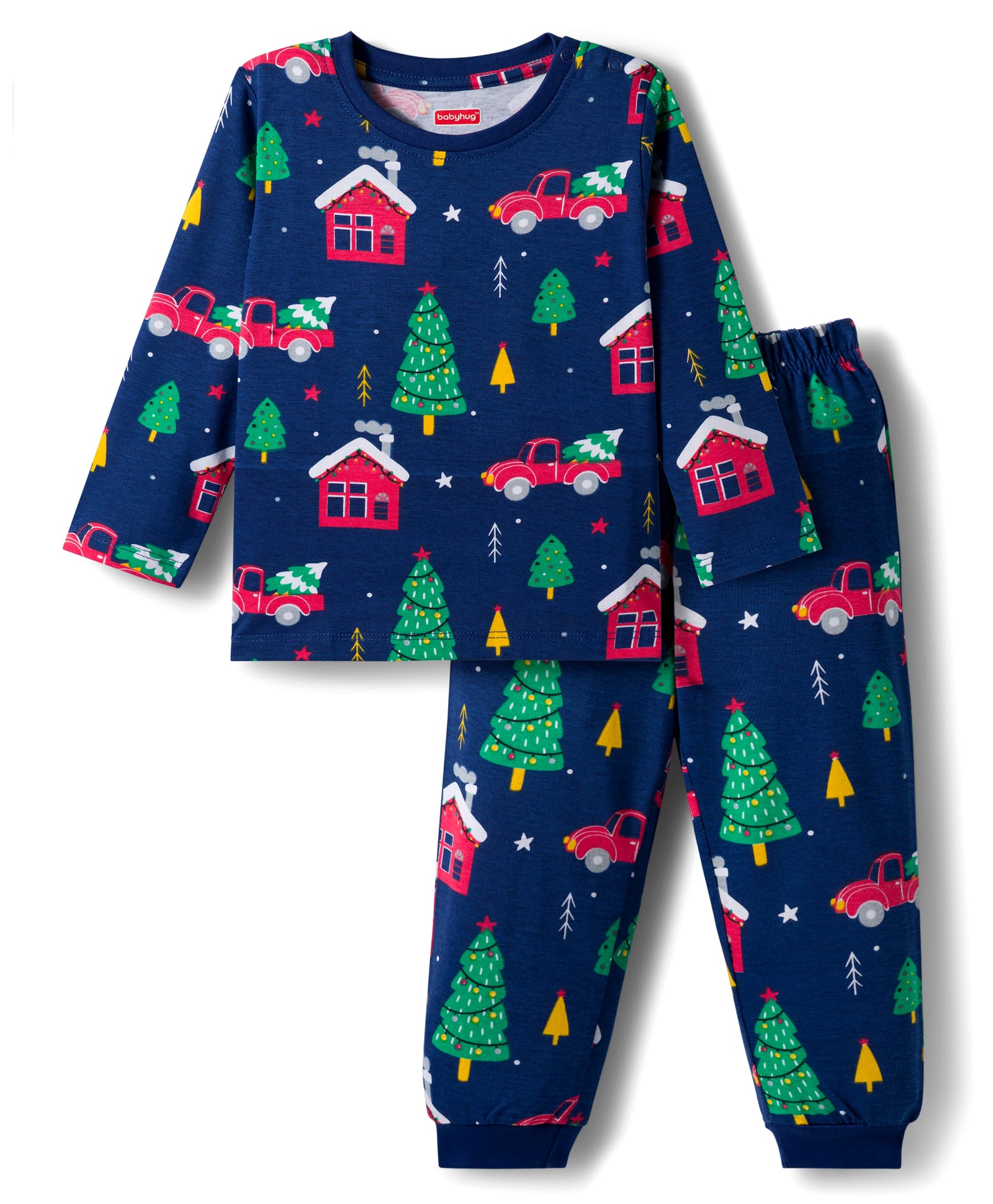 Babyhug Cotton Knit Full Sleeves Co-ords Night Suit With Christmas Tree Print - Navy Blue-image-27