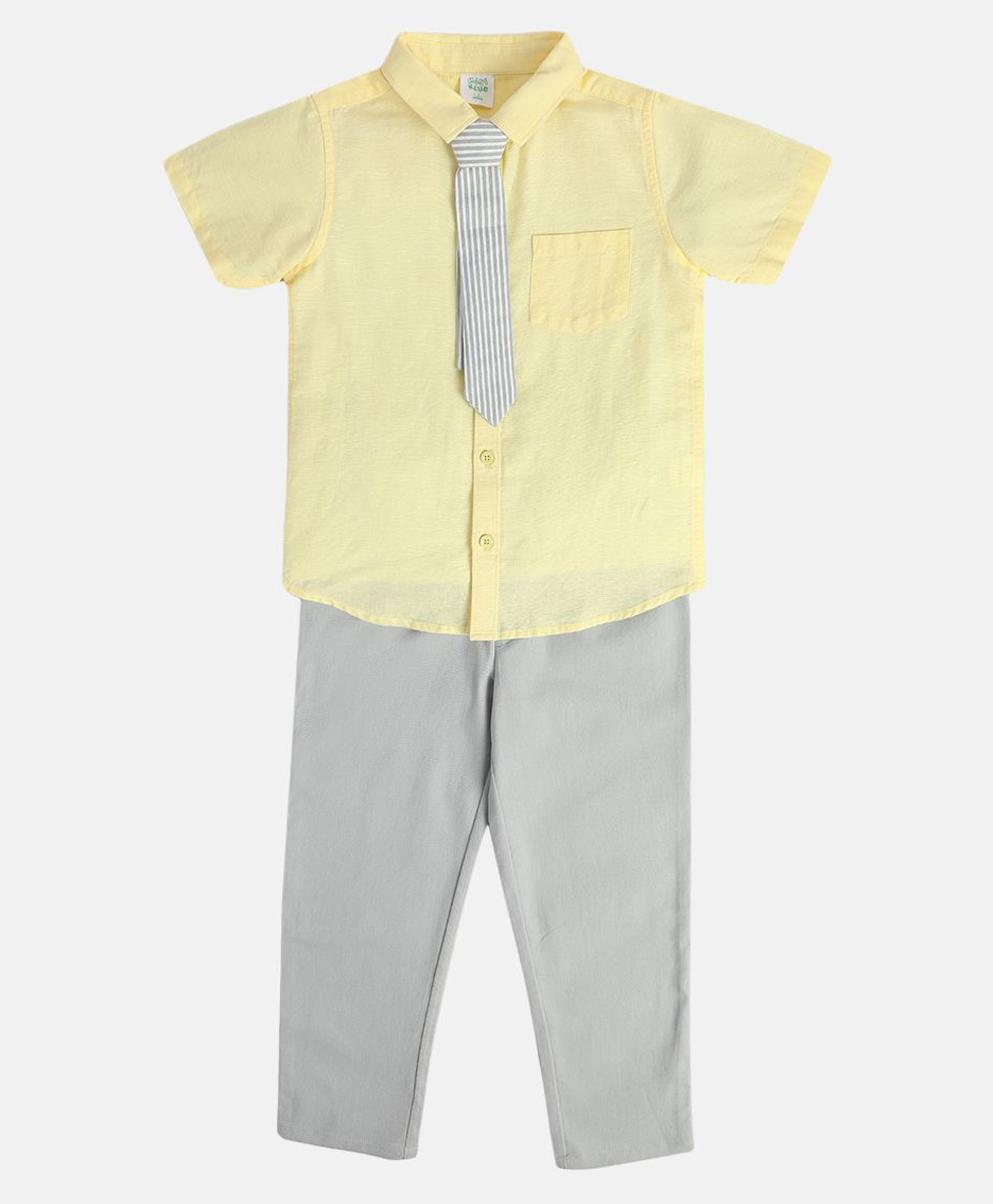 MINI KLUB Cotton Woven Half Sleeves Solid Shirt & Trousers With Tie Set - Yellow & Grey-picture-16