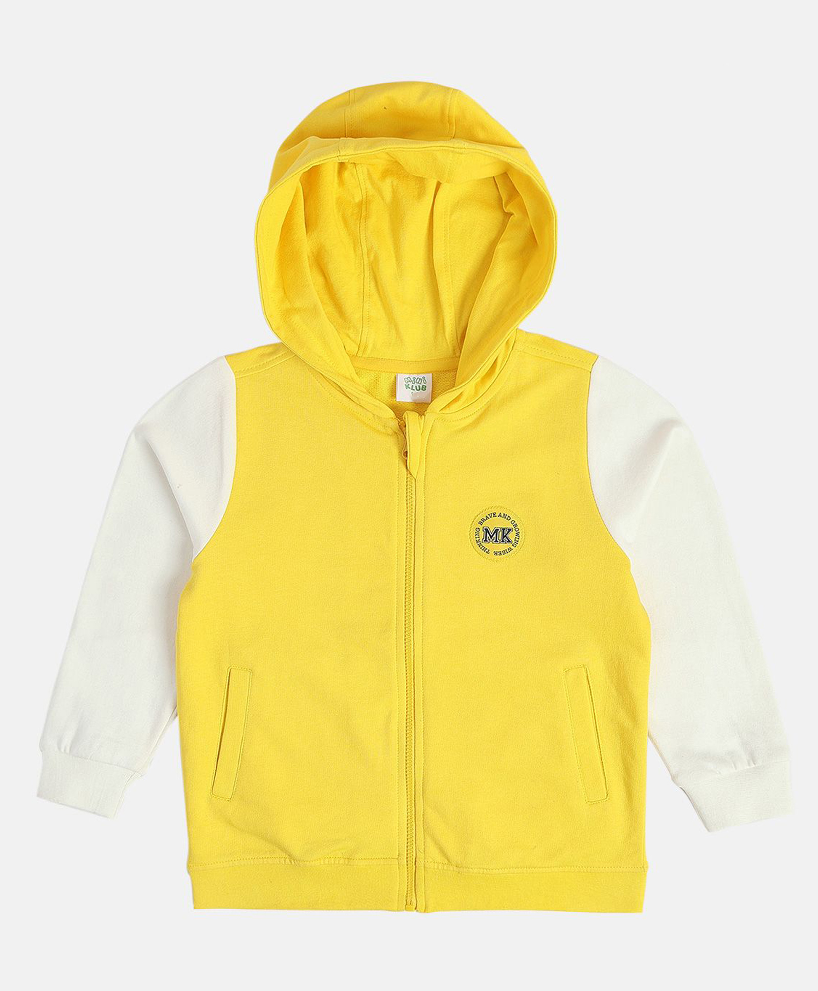 MINI KLUB Cotton Knit Full Sleeves MK Text Patch Detailed Light Winter Hooded Jacket - Yellow & White-image-45