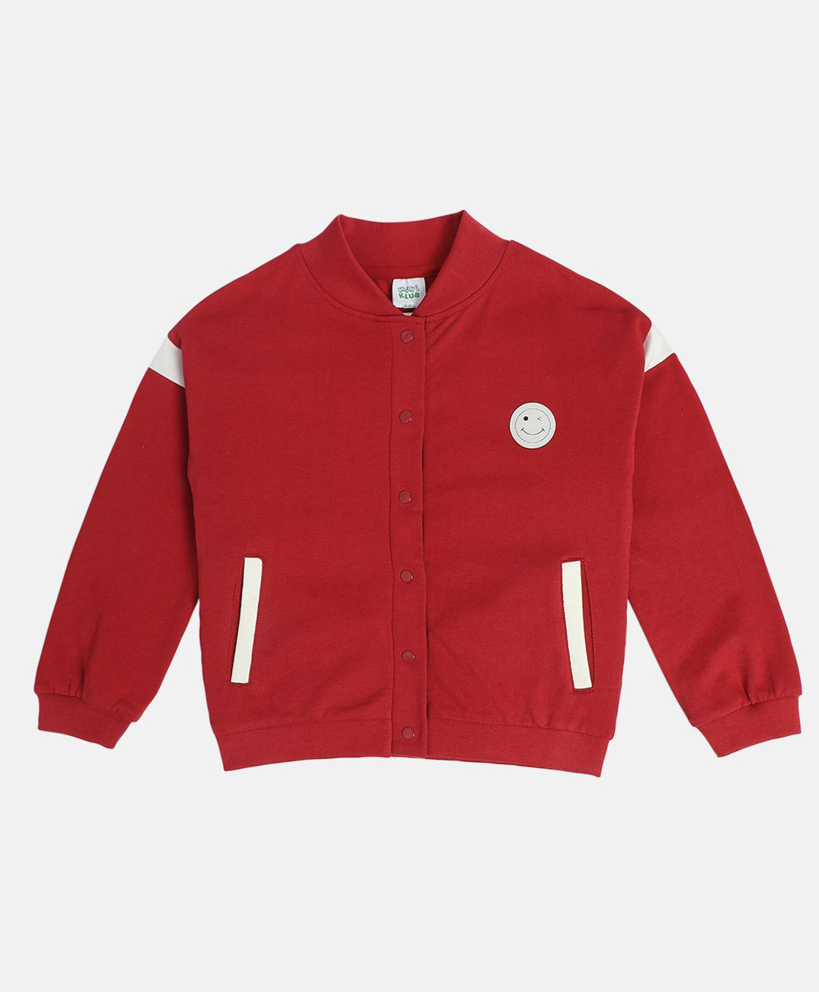 MINI KLUB Cotton Knit Full Sleeves Winky Face Patch Detailed Jacket - Red-image-13