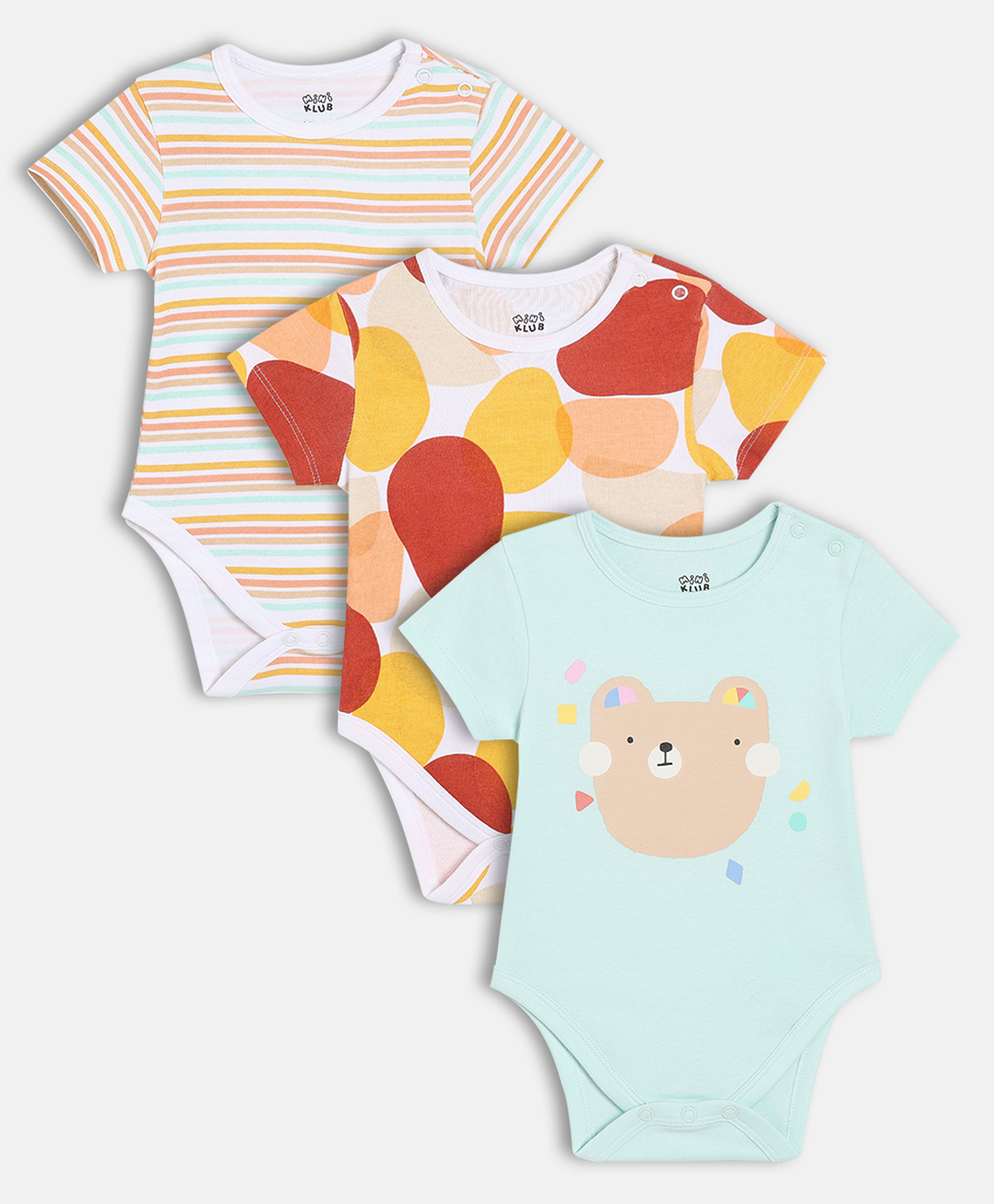 MINI KLUB Cotton Knit Pack Of 3 Half Sleeves Striped & Teddy Bear Printed Onesies - White & Blue-image-26