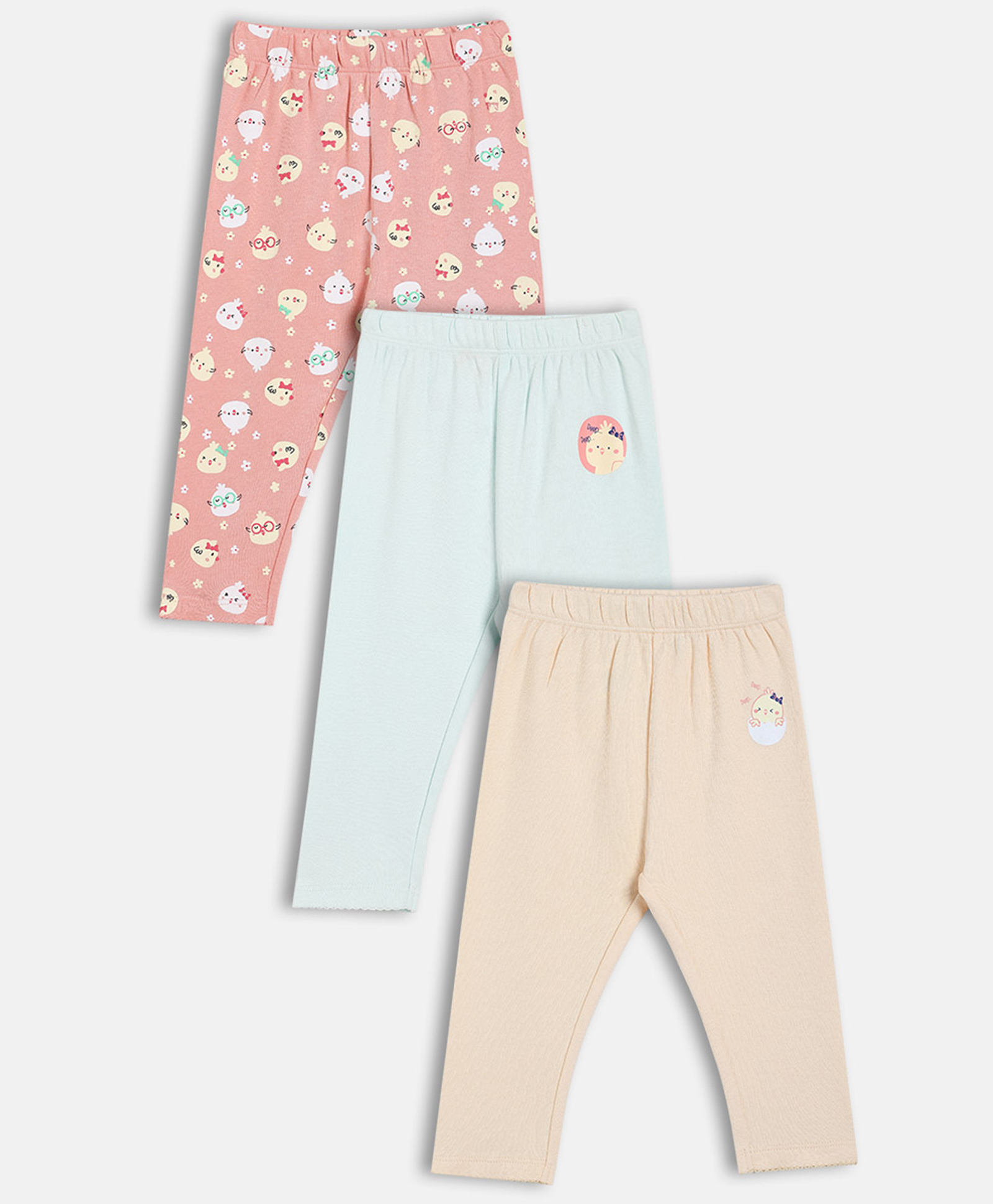 MINI KLUB Cotton Knit Pack Of 3 Birds Printed Leggings - Blue & Pink-image-39