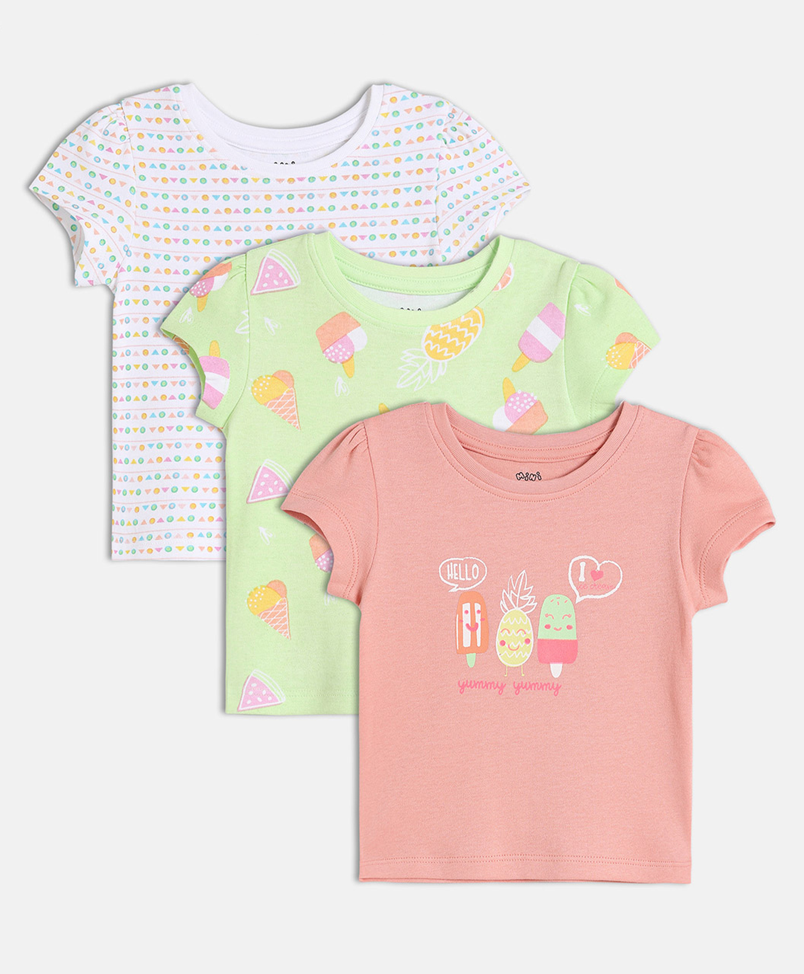 MINI KLUB Cotton Knit Pack Of 3 Half Sleeves Ice Cream & Geometric Printed Tops - Green & Pink-image-28