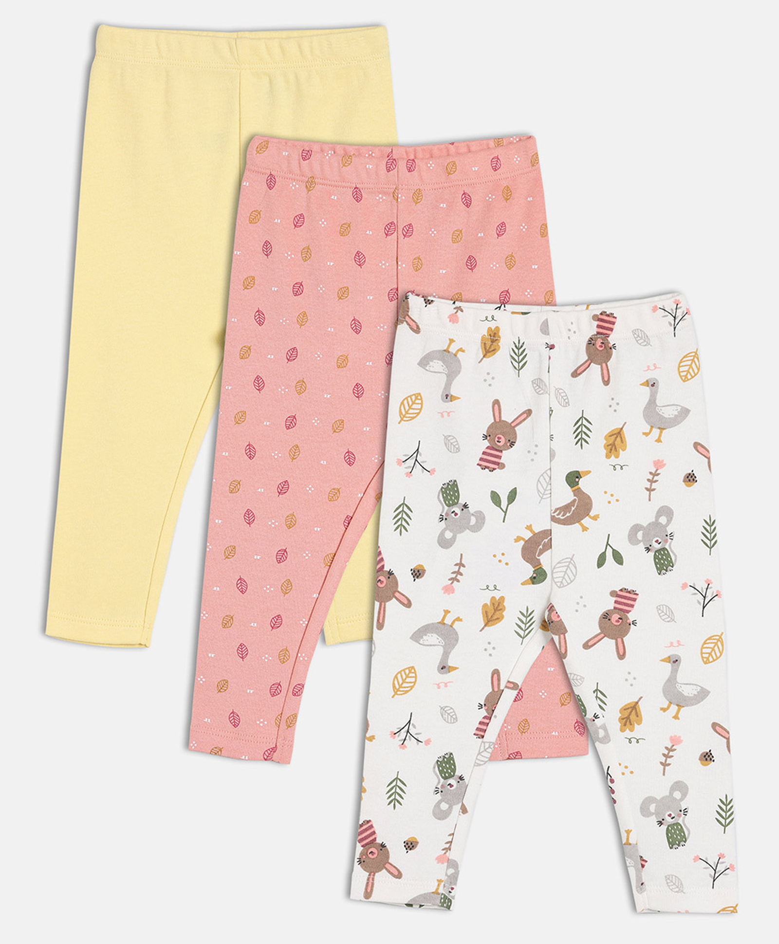 MINI KLUB Cotton Knit Pack Of 3 Baby Animals & Leaves Printed Leggings - White & Pink-image-29