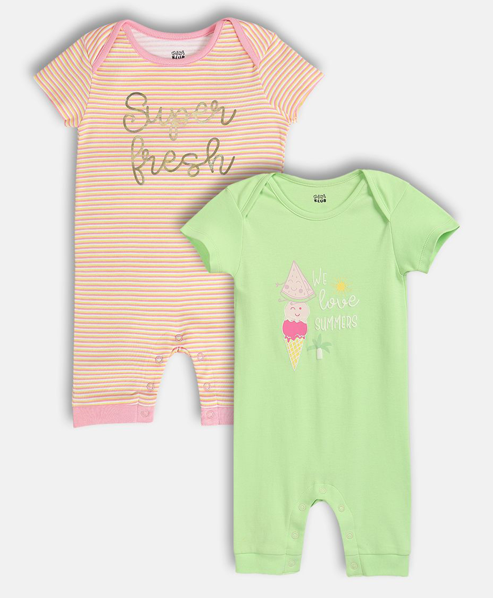 MINI KLUB Cotton Knit Pack Of 2 Half Sleeves Super fresh Text Printed & Ice Cream Printed Rompers - Green & Pink-picture-40