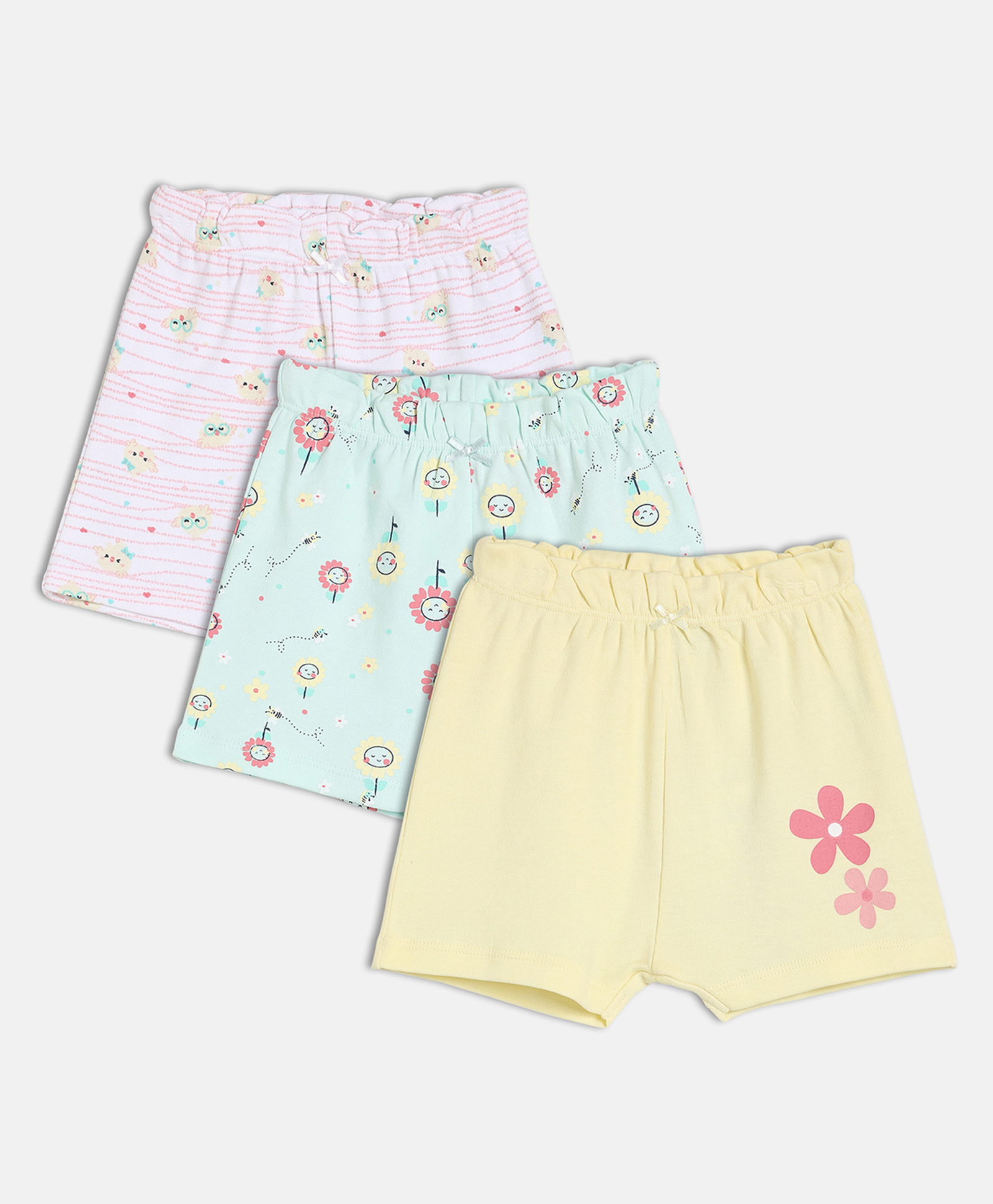 MINI KLUB Cotton Knit Pack Of 3 Floral & Birds Printed Shorts - Blue & White-picture-25