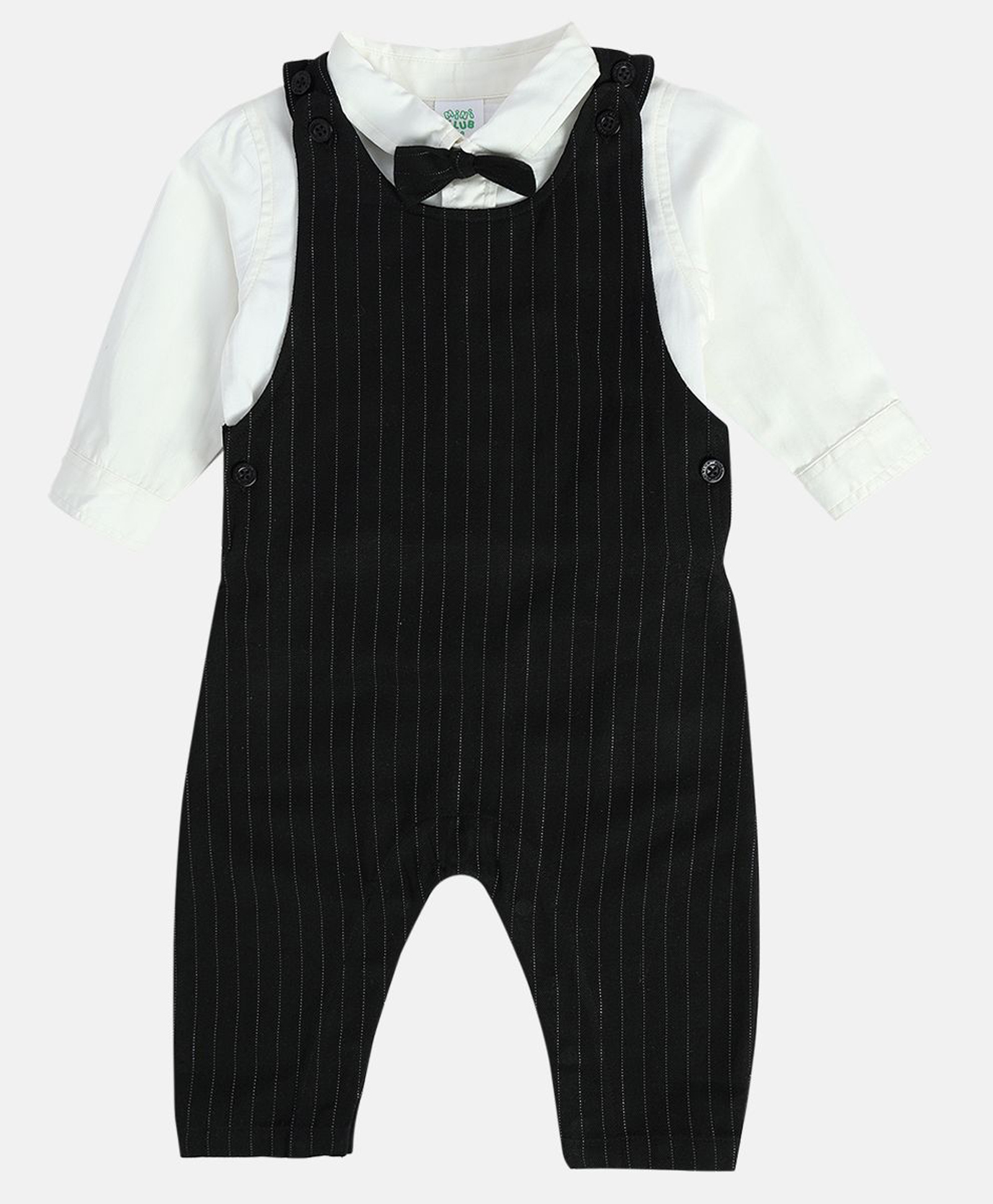 MINI KLUB Cotton Woven Striped Romper With Full Sleeves Solid Shirt & Bow Set - White & Black-picture-32