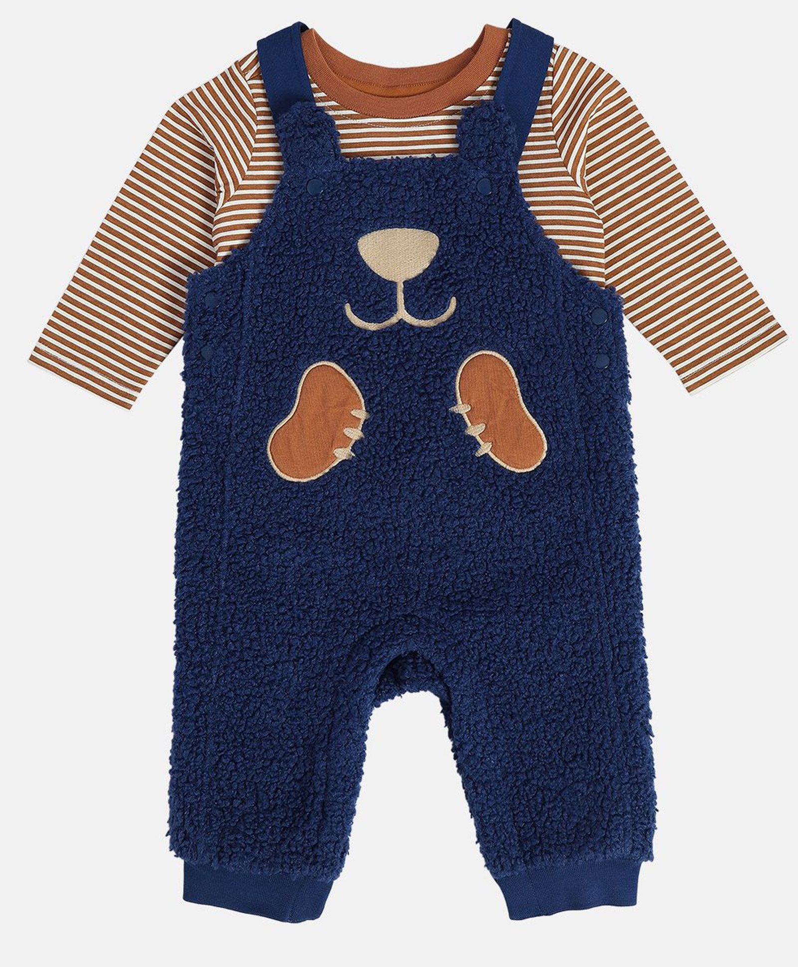MINI KLUB Cotton Knit Full Sleeves Teddy Embroidery Dungaree Set - Navy Blue-picture-42